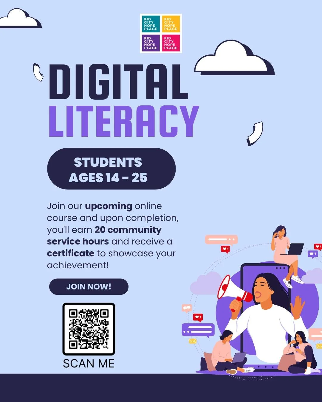 🚀 Ready to Level Up Your Digital Skills?
📱💻 Kid City is launching a Digital Literacy Course just for students ages 14&ndash;25!

✔️ Learn essential tech skills
✔️ Earn 20 community service hours
✔️ Get a certificate of completion to show off your 