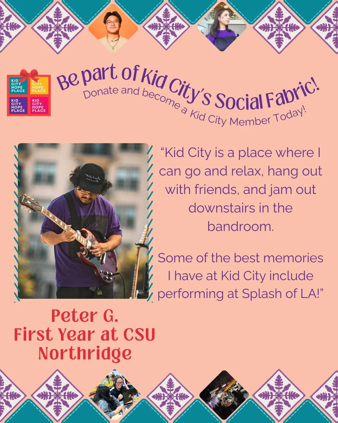 Kid City has many amazing, promising students who are part of its social fabric, including Peter G. Peter has been a part of the Kid city community for about three years now, first joining as a music student taking drums and guitar lessons. His music