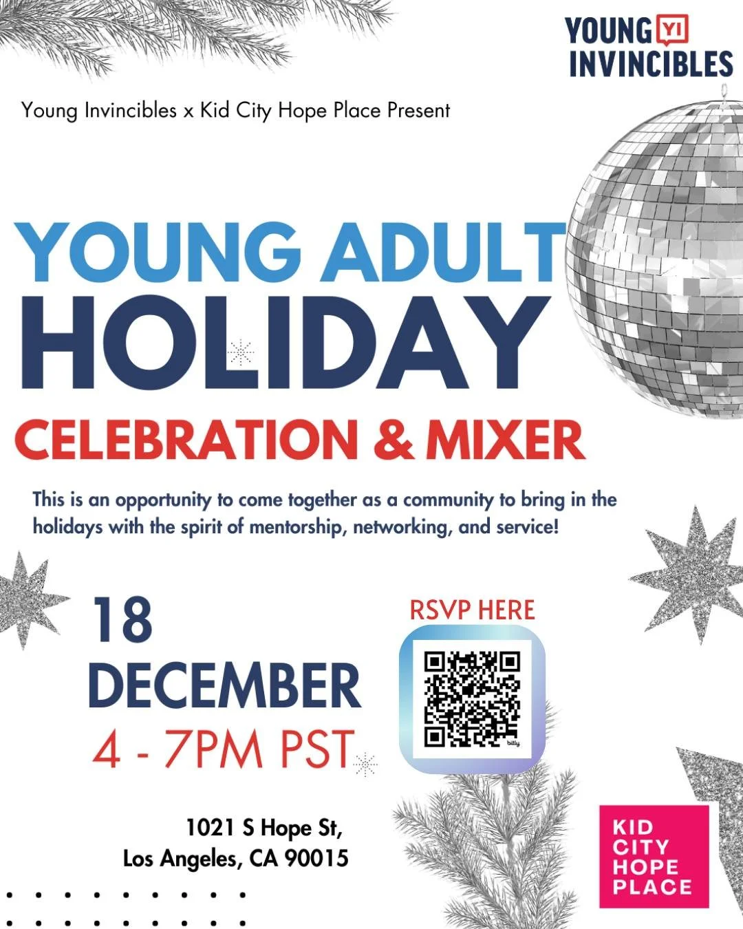 Calling high school teens and young adults! Join us this Thursday 12/18 starting at 4PM for a joint holiday party with the awesome folks from @younginvincibles ! We will have yummy food, crafts, assembly of hygiene kits, and a live recording of Hispa