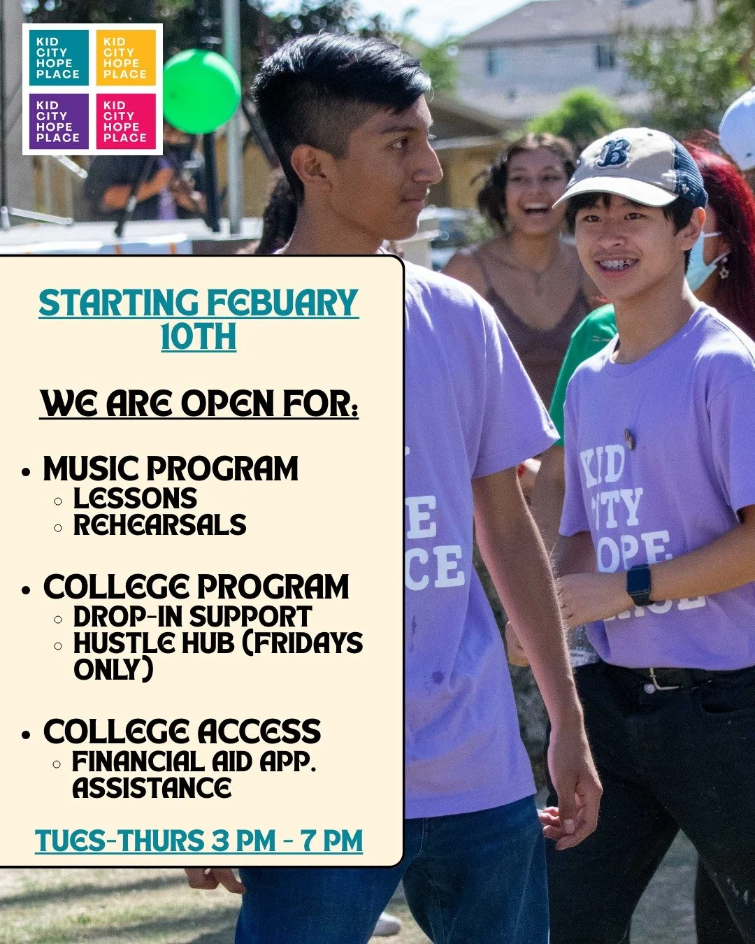 📣Starting February 10th, our doors are open for programs that help you create, hustle, and plan your future! 🎸📖🎺

Come through, bring a friend, and let&rsquo;s make moves together!

If you have any questions feel free to email us at info@kidcityh