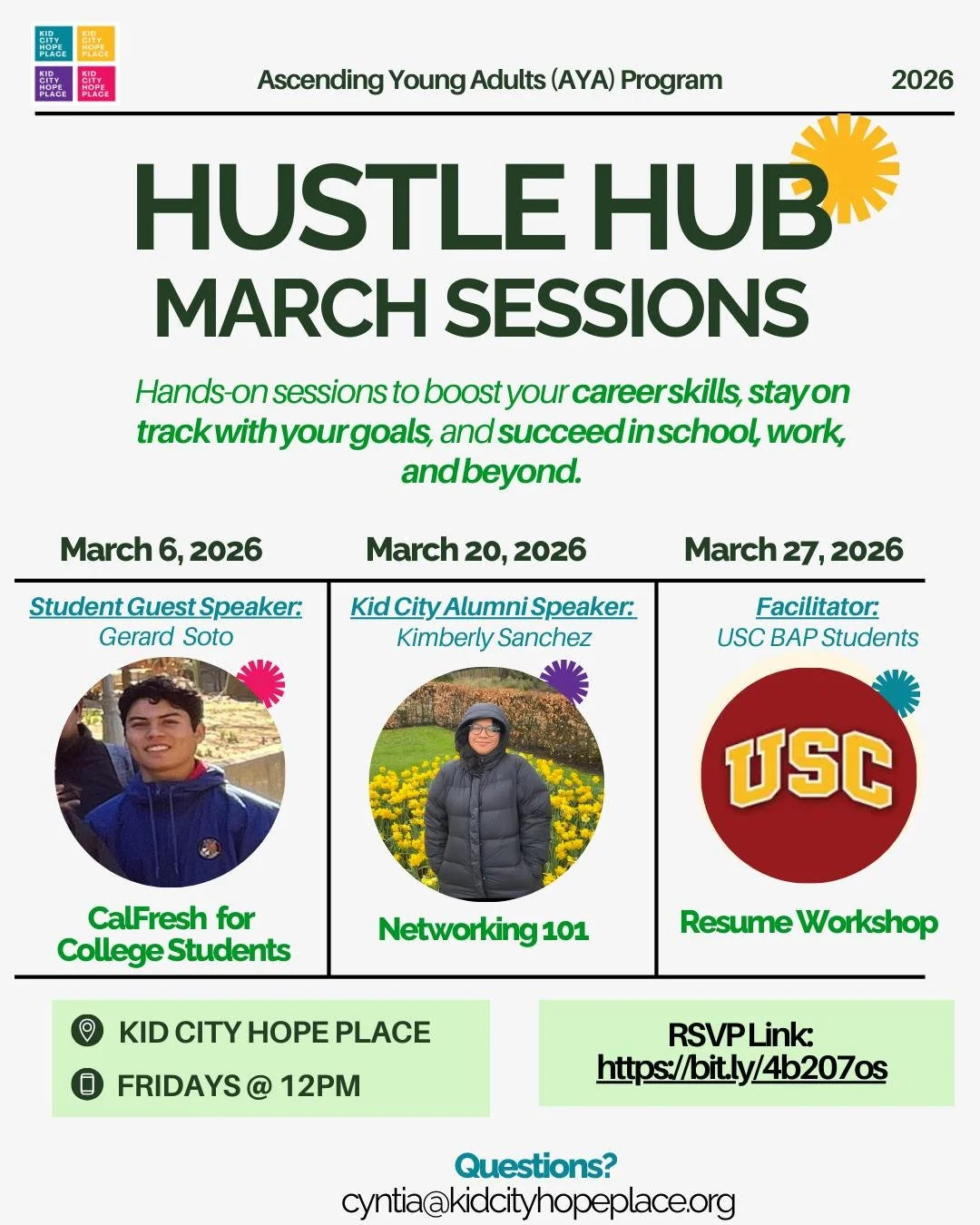 Kid City&rsquo;s Ascending Young Adults (AYA) Program is kicking off our first March Hustle Hub session this Friday, March 6 at 12 PM PST! 💼✨

We&rsquo;re starting strong with CalFresh for College Students, led by Student Guest Speaker Gerard  Soto.