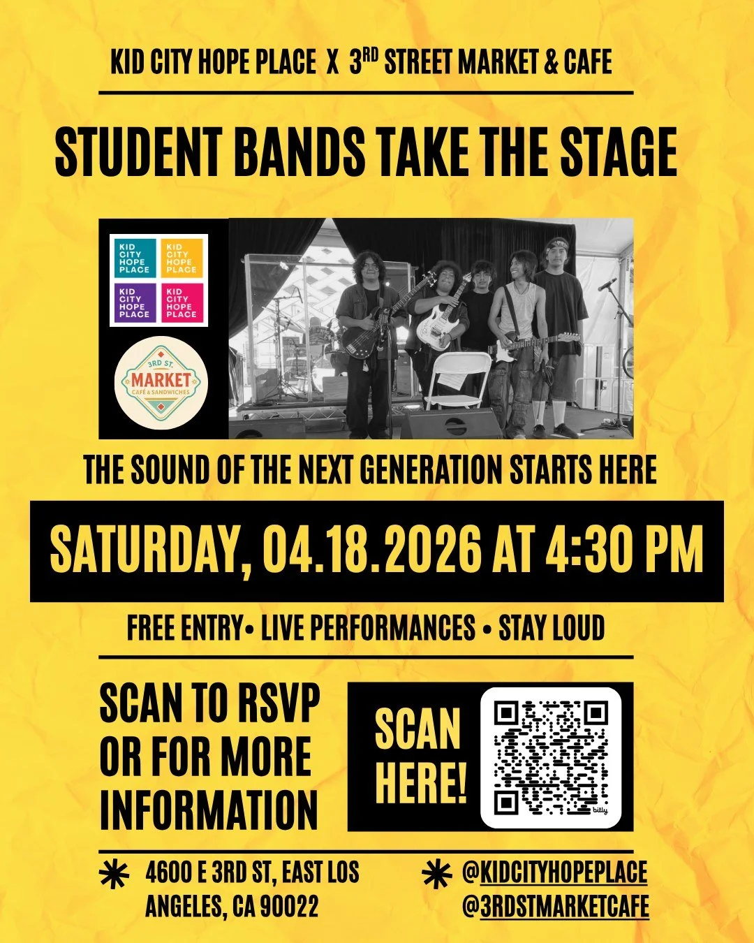 🎸✨ A powerful collab you don&rsquo;t want to miss!

The Kid City Music Program x @3rdstmarketcafe are bringing you a night where student bands take the stage and the next generation of music comes alive. 🎶🔥

📅 Saturday, April 18, 2026
⏰ 4:30 PM
?