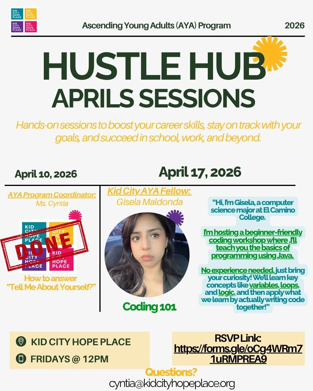 Kid City&rsquo;s Ascending Young Adults (AYA) Program is excited to share our April Hustle Hub series, happening every other Friday at 12 PM PST! 💼✨

This month, we&rsquo;re bringing you career-focused sessions designed to help you build confidence,