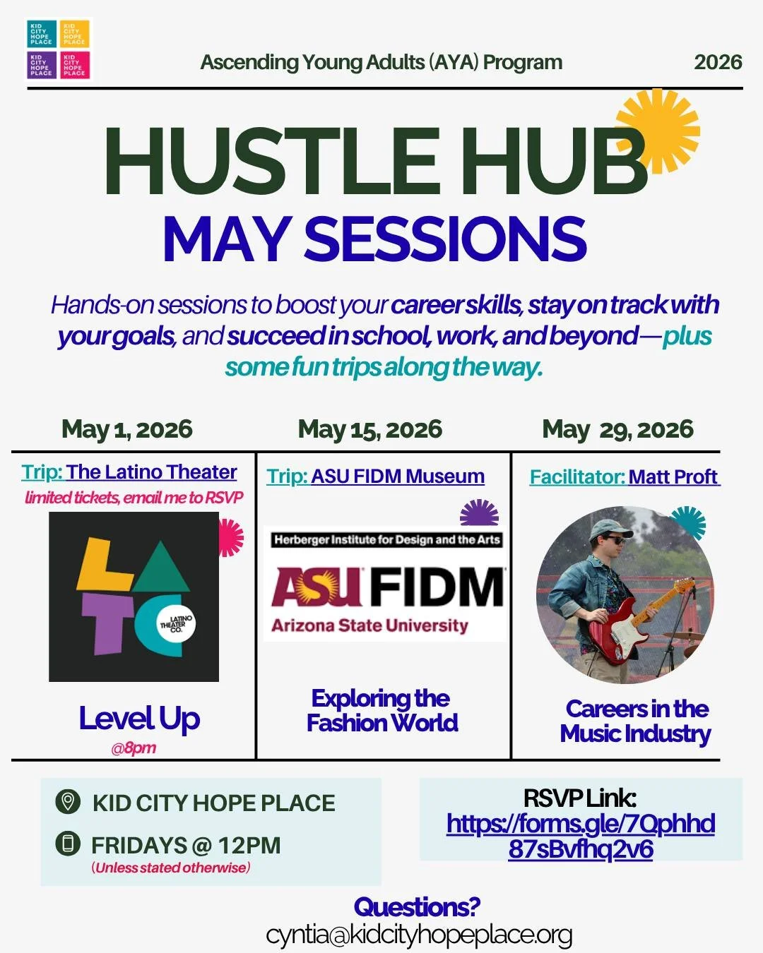 ✨ Hustle Hub Fridays &ndash; May Sessions ✨

Join us for our Friday workshops Hands-on sessions to boost your career skills, stay on track with your goals, and succeed in school, work, and beyond&mdash;plus some fun trips along the way.

Here&rsquo;s
