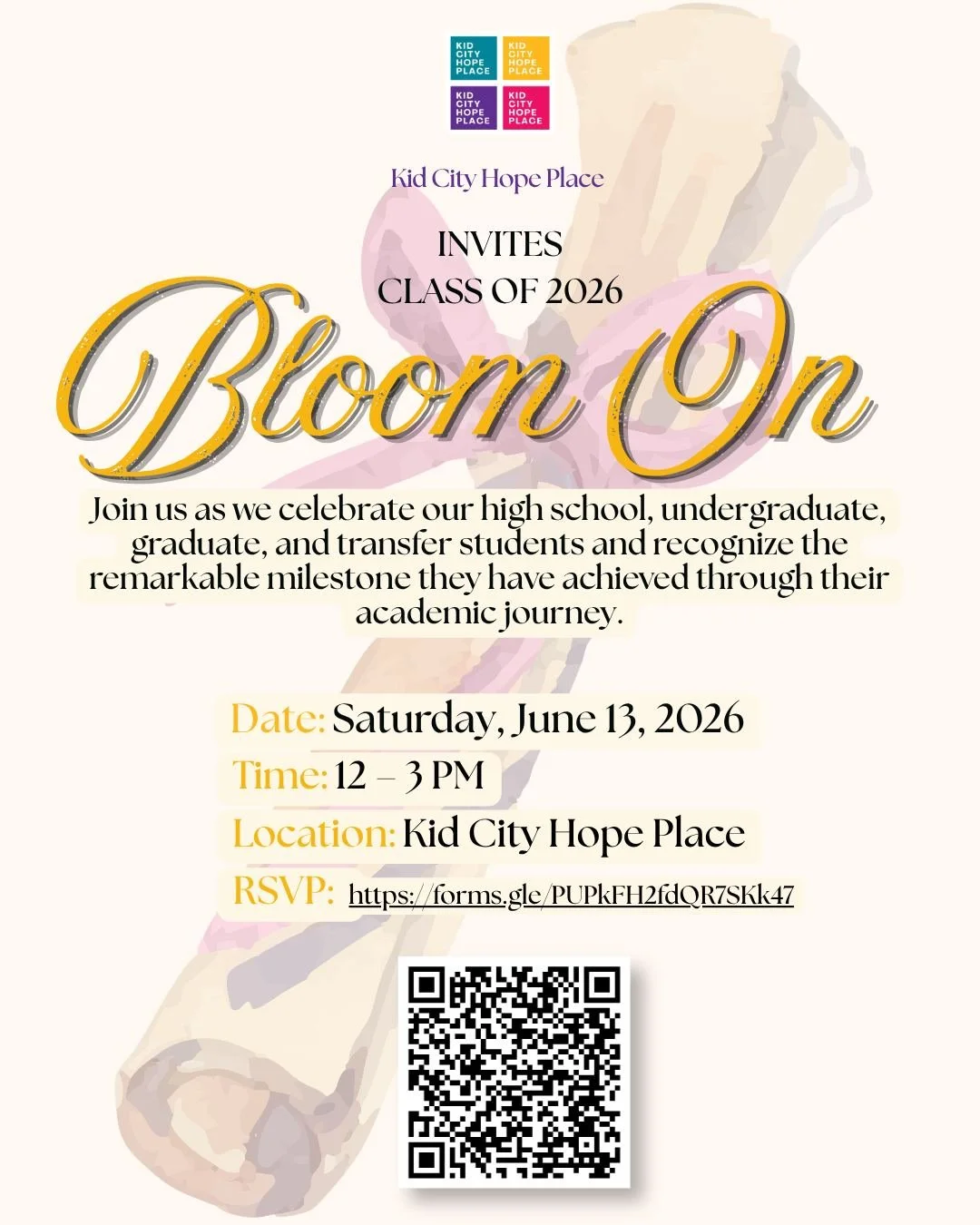 🎓✨ Class of 2026: Bloom On ✨🎓

Calling all Class of 2026 students&mdash;high school, undergraduate, graduate, and transfer&mdash;and their families! Come celebrate a beautiful milestone in your academic journey! 🌱🎉

Join us for an afternoon of jo