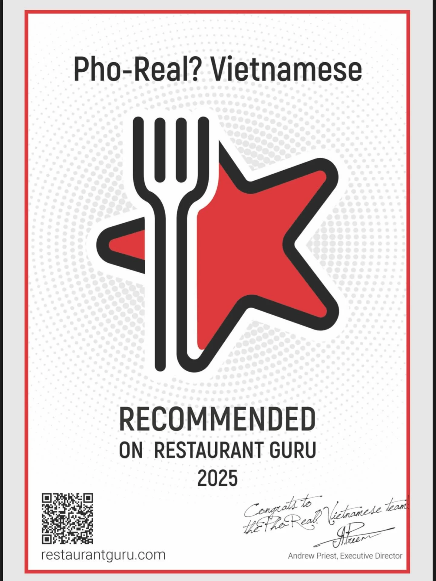We did it! 🏆
Honoured to receive the Restaurant Guru 2025 Award.
Grateful for our community, our team, and everyone who enjoys a bowl of Pho and food with us. 🙏✨
#PhoRealRestaurant #RestaurantGuru #2025Award #BestInBrisbane #PhoLovers #supportlocal