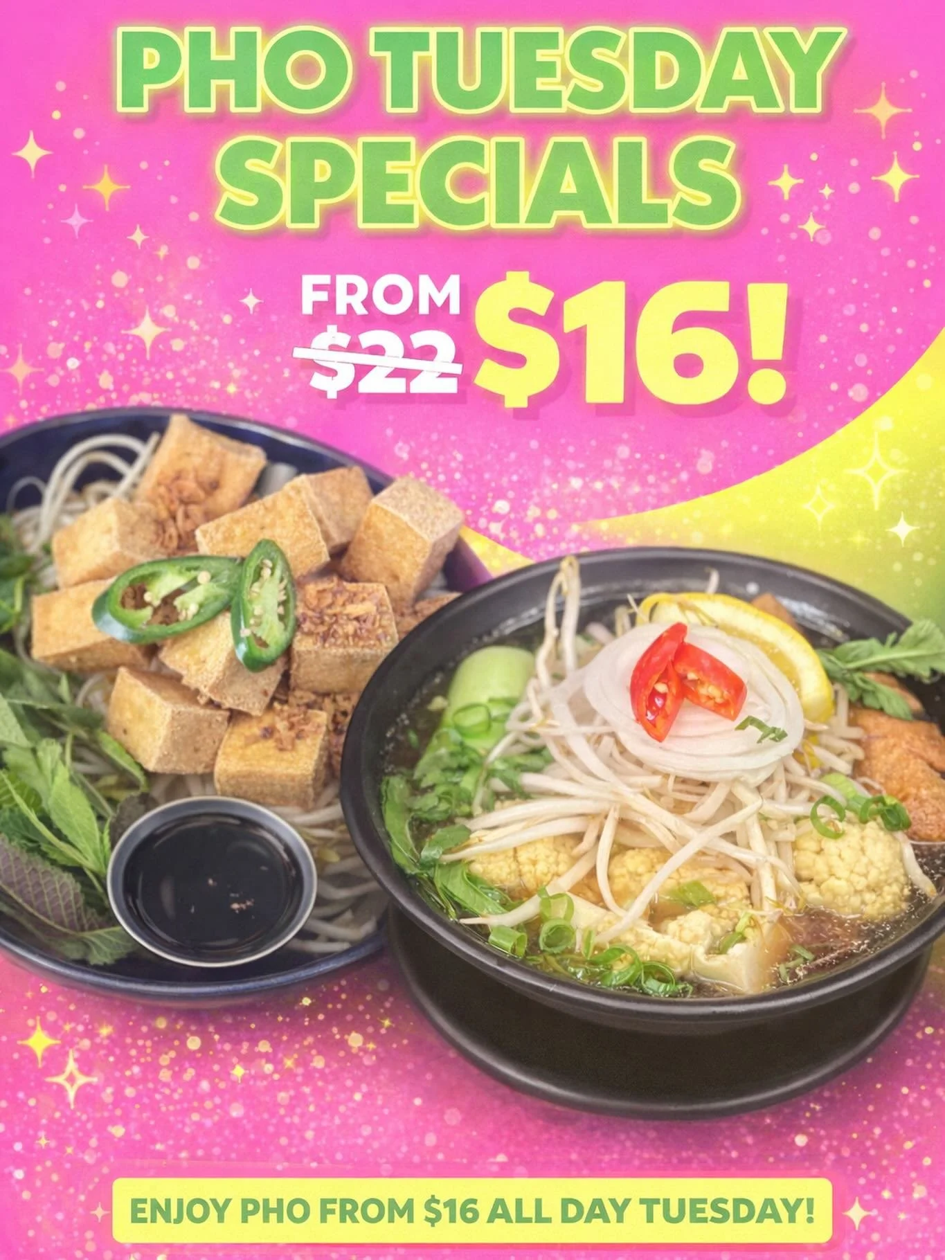 Fuel your week with flavour! 
From beef brisket to tofu pho &mdash; our Tuesday specials bring the protein and the comfort.
Only $16 all day Tuesday at Pho Real Vietnamese Restaurant.
#PhoRealSpecials #ProteinPho #PhoRealFlavours #PhoTuesdayDeals #Au