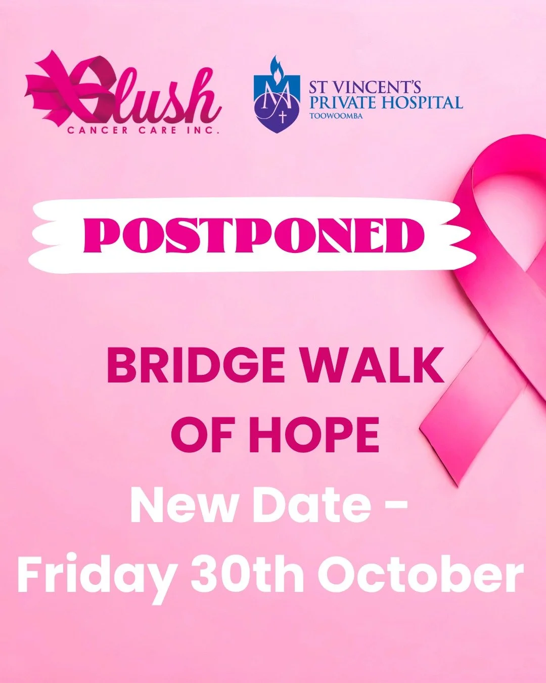 Important announcement regarding the Bridge Walk of Hope. Unfortunately, due to the current rain event, and the likelihood it will continue for the next few days, we have made the difficult decision to postpone the event.

The Blush Bridge Walk of Ho