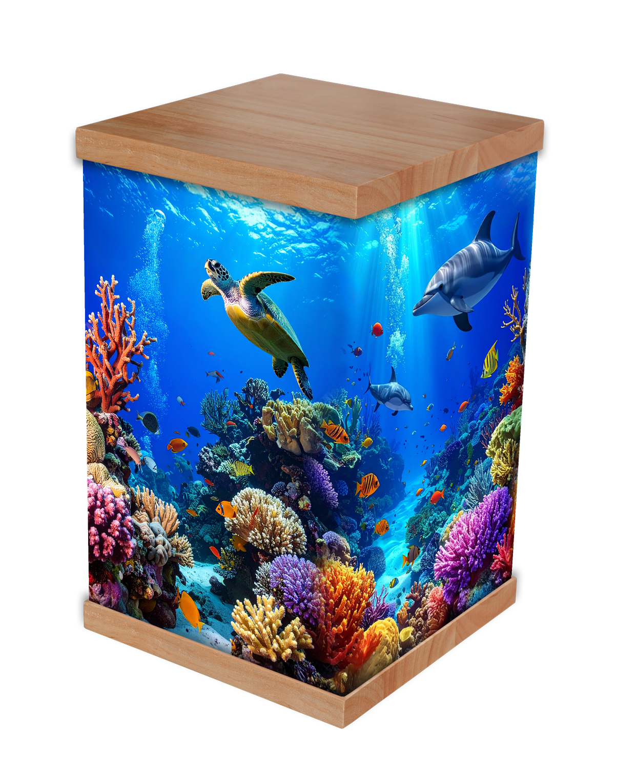 Celebrate a vibrant life with our Tropical Reef Cremation Urn, featuring a stunning coral reef design with dolphins, turtles, and colourful fish. Crafted with a timber lid and base, this urn offers a beautiful and lasting tribute, perfect for ocean l