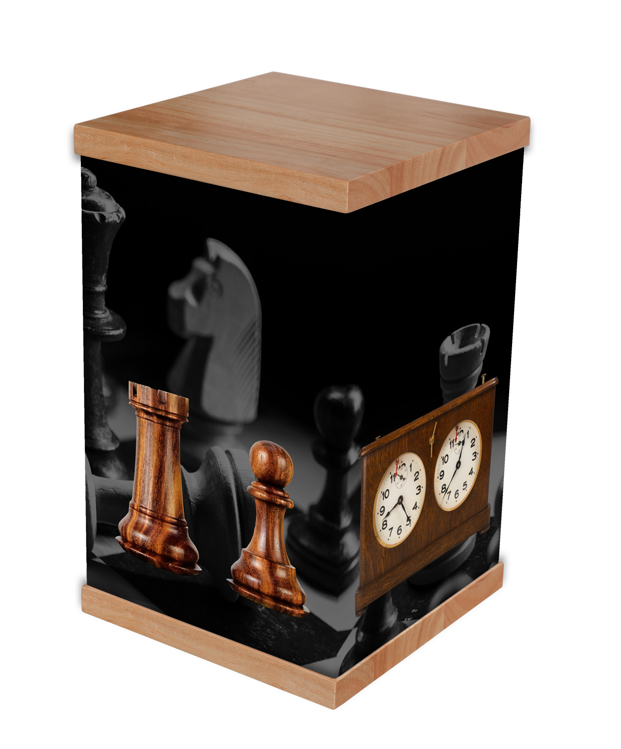 Chess Cremation Urn. Honor a chess enthusiast's legacy with our chess-themed cremation urn. Featuring a stunning photo wrap of a classic chessboard design and a timber lid and base, this urn combines elegance and durability. Perfect for personalisati