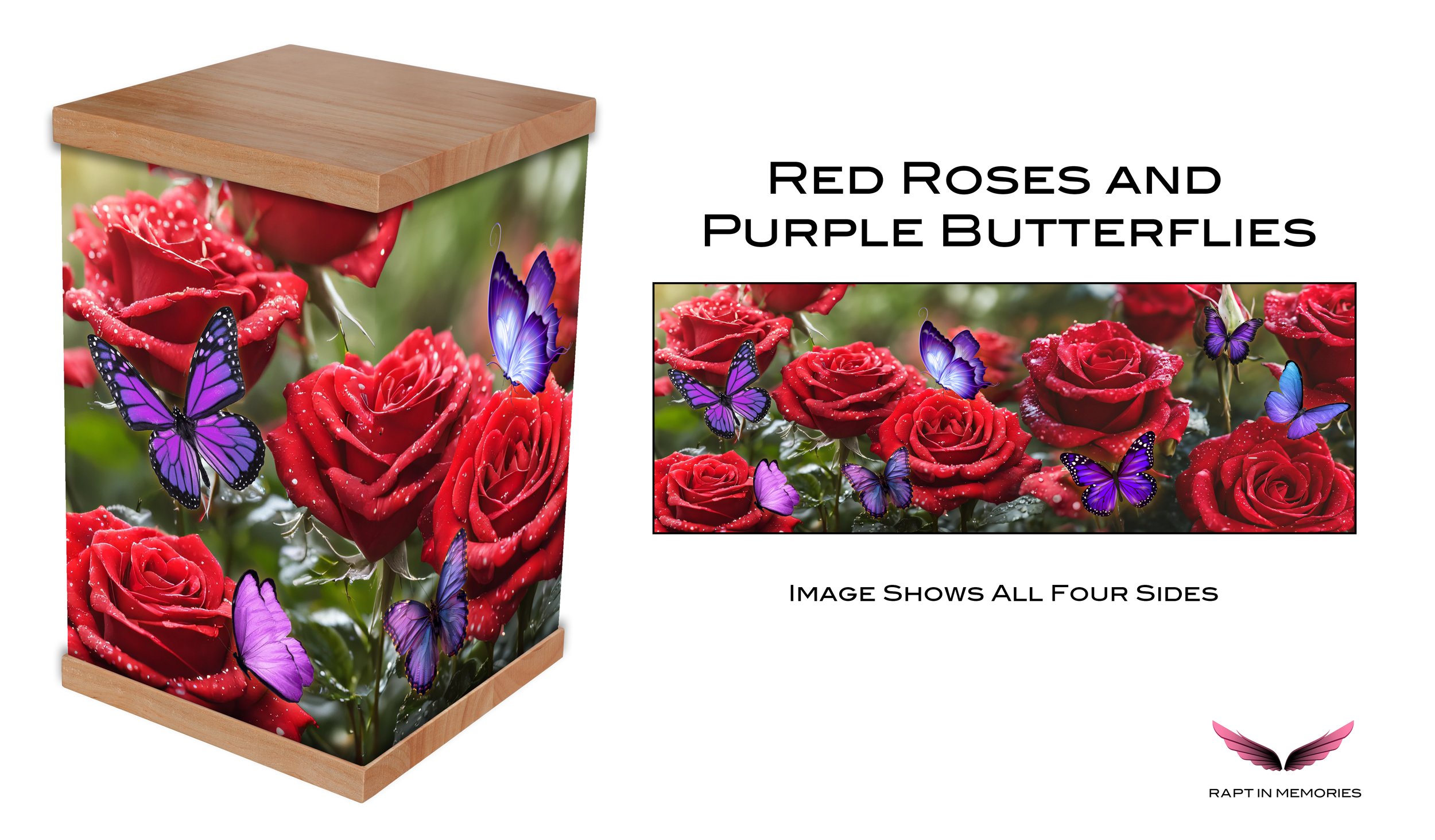 Honor your loved one with our Red Roses and Purple Butterflies photo cremation urn. Featuring vibrant red roses bathed in warm morning sunlight and graceful purple butterflies, this design symbolises love and transformation. With a durable timber lid