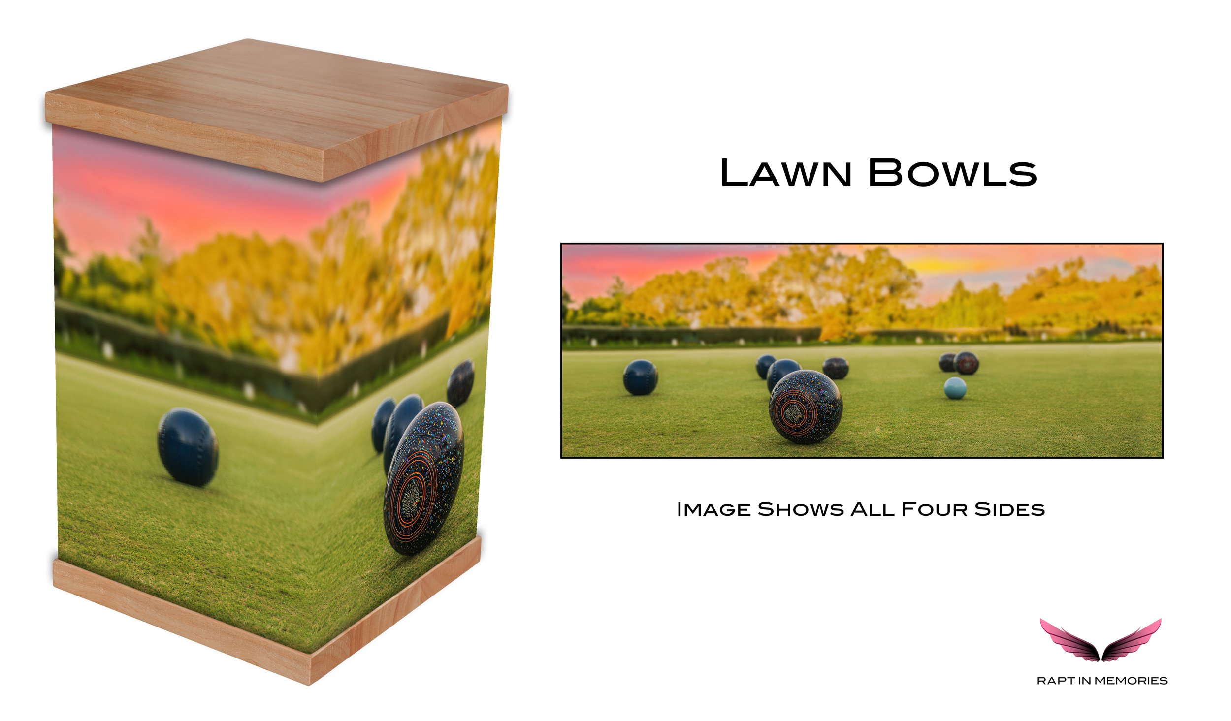 Honor a loved one's passion for lawn bowls with our photo-wrapped cremation urn featuring a tranquil sunset bowling green design. Crafted with a durable timber lid and base, this urn combines elegance and sentiment. Personalise it with names, dates,