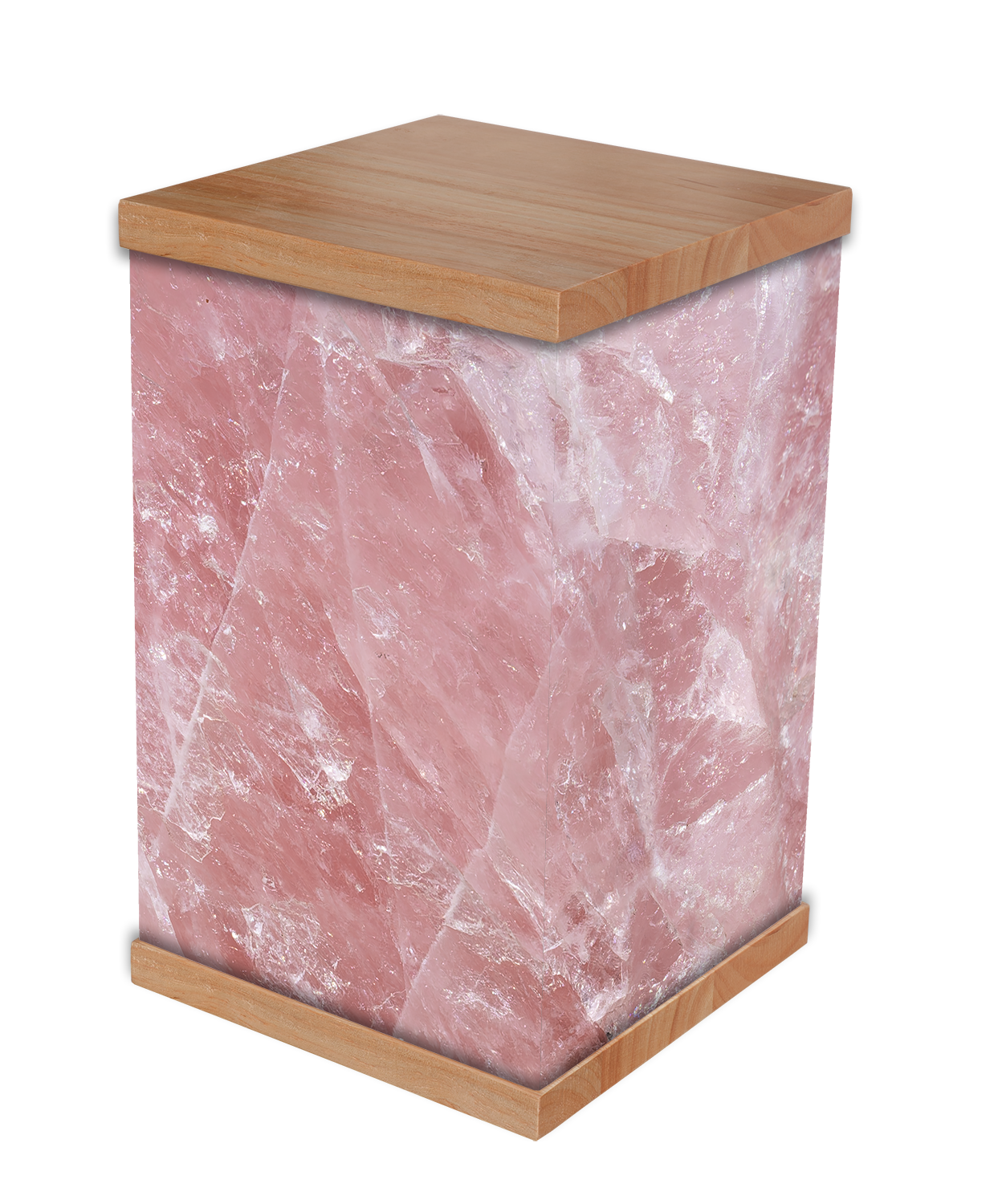 Photo-wrapped cremation urn in Crystals and New Age design with solid timber lid and base — Rapt In Memories Australia