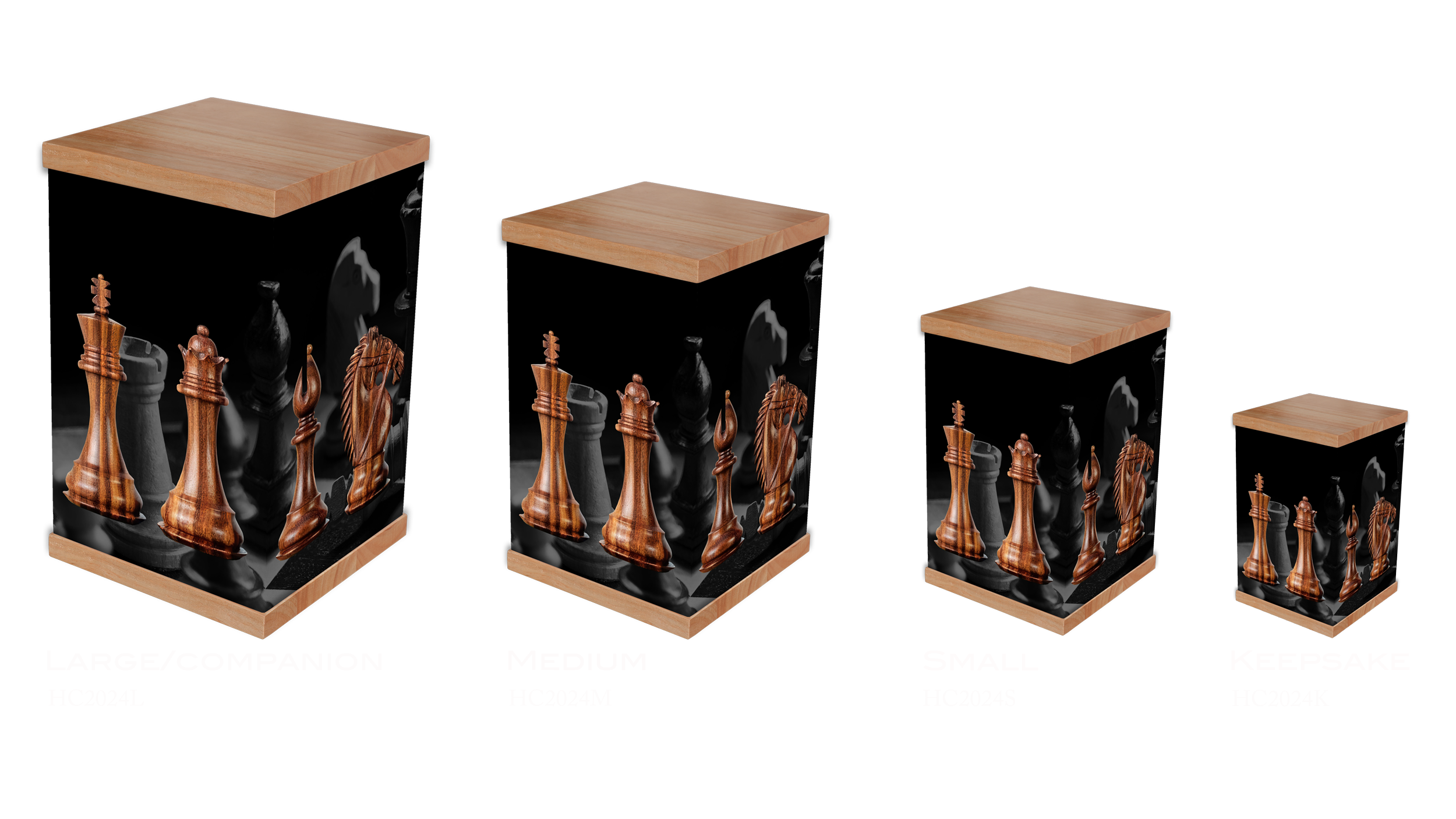 Chess Cremation Urn Honor a chess enthusiast's legacy with our chess-themed cremation urn. Featuring a stunning photo wrap of a classic chessboard design and a timber lid and base, this urn combines elegance and durability. Perfect for personalizatio