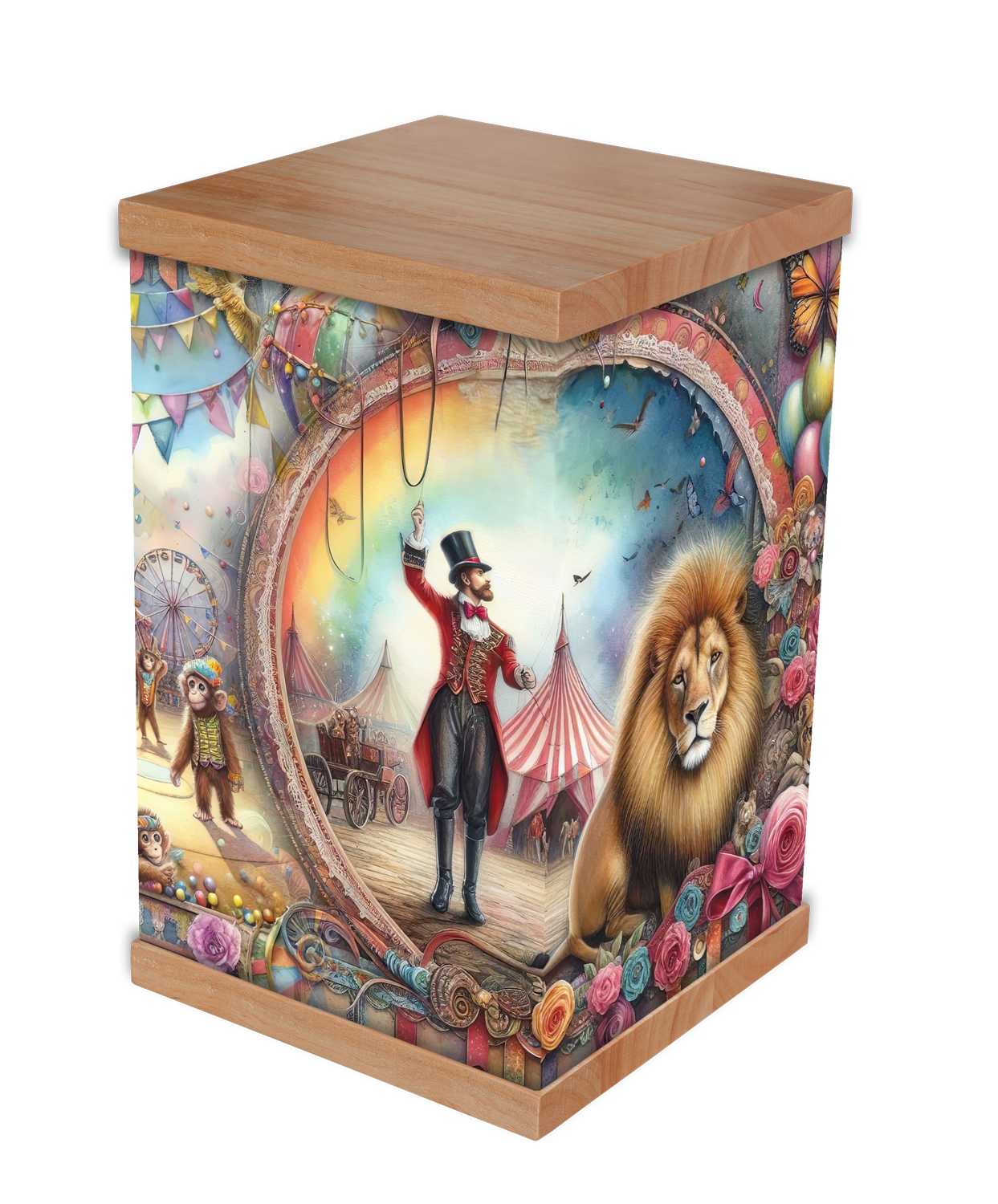 Photo-wrapped cremation urn in Children design with solid timber lid and base — Rapt In Memories Australia