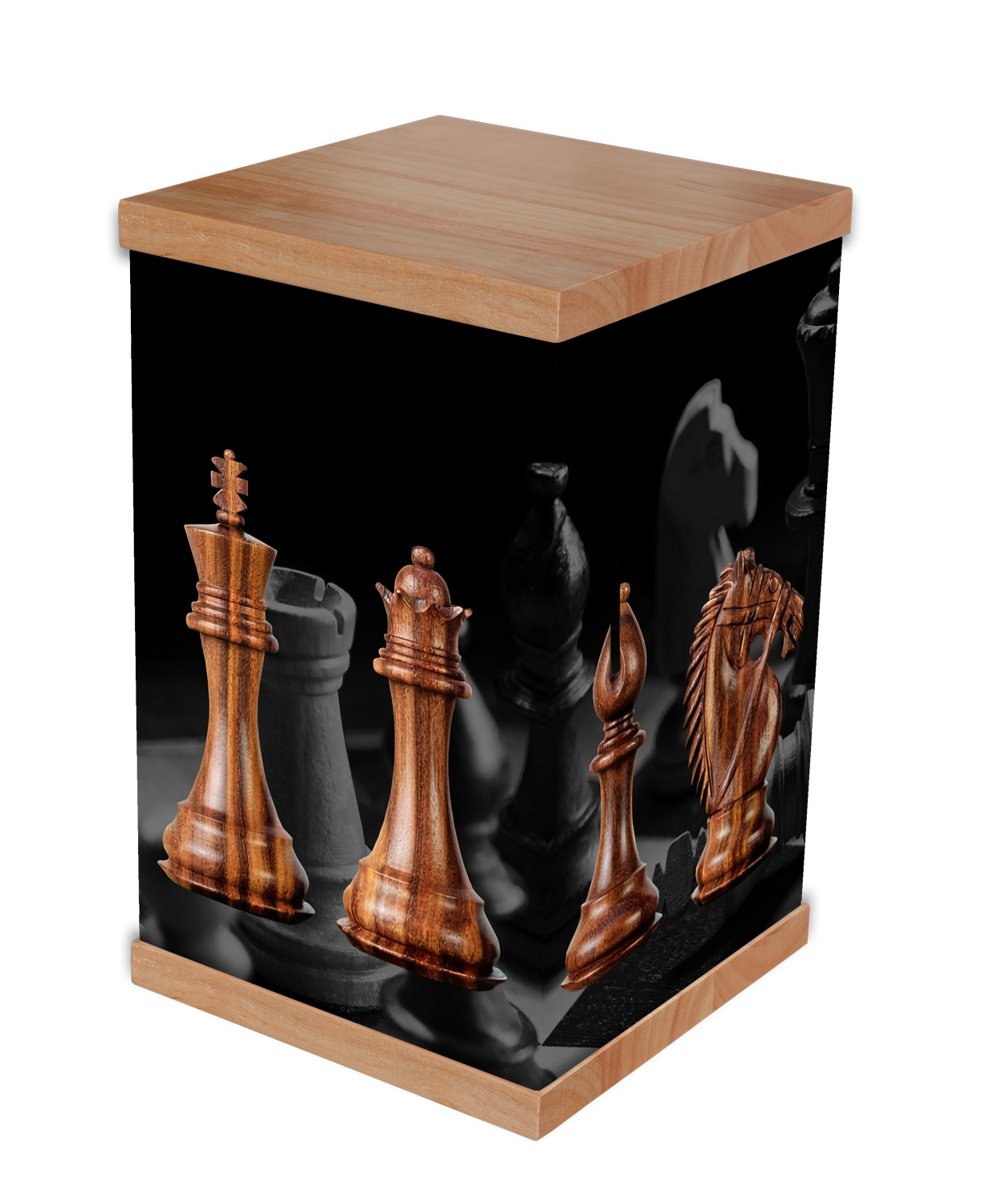 Chess Cremation Urn. Honor a chess enthusiast's legacy with our chess-themed cremation urn. Featuring a stunning photo wrap of a classic chessboard design and a timber lid and base, this urn combines elegance and durability. Perfect for personalisati