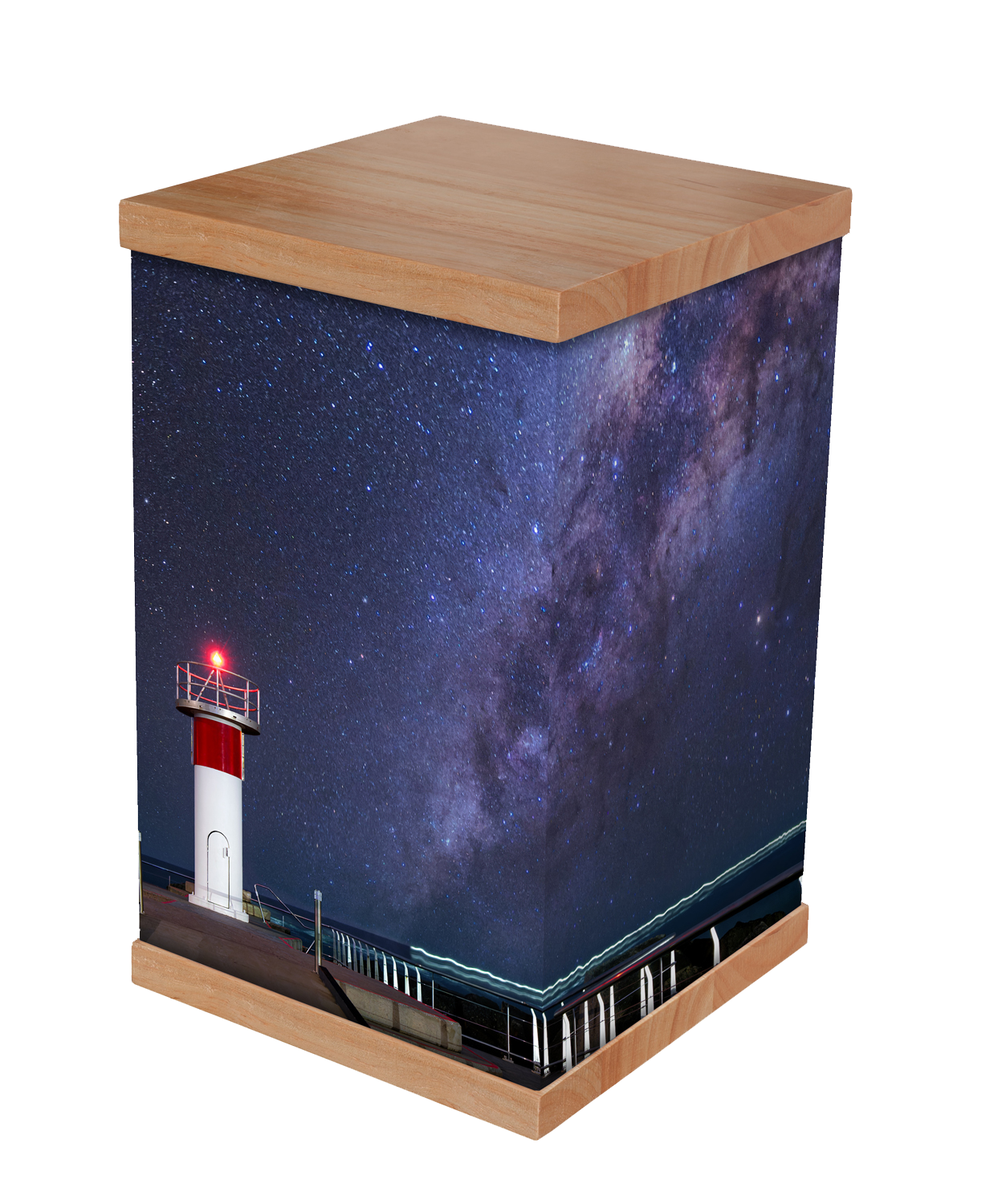 Photo-wrapped cremation urn in Night Scenes design with solid timber lid and base — Rapt In Memories Australia