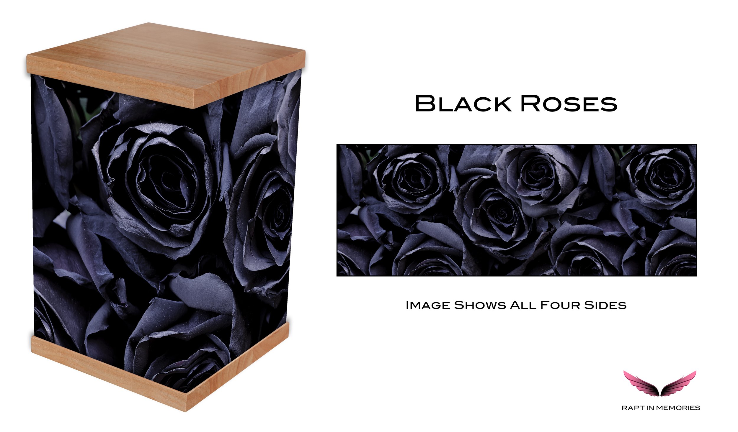 The Black Rose Cremation Urn showcases a striking photo-wrapped design of a black rose, symbolising mystery, strength, and elegance. Paired with a handcrafted timber lid and base, this urn is a unique and beautiful memorial piece. Ideal for those who