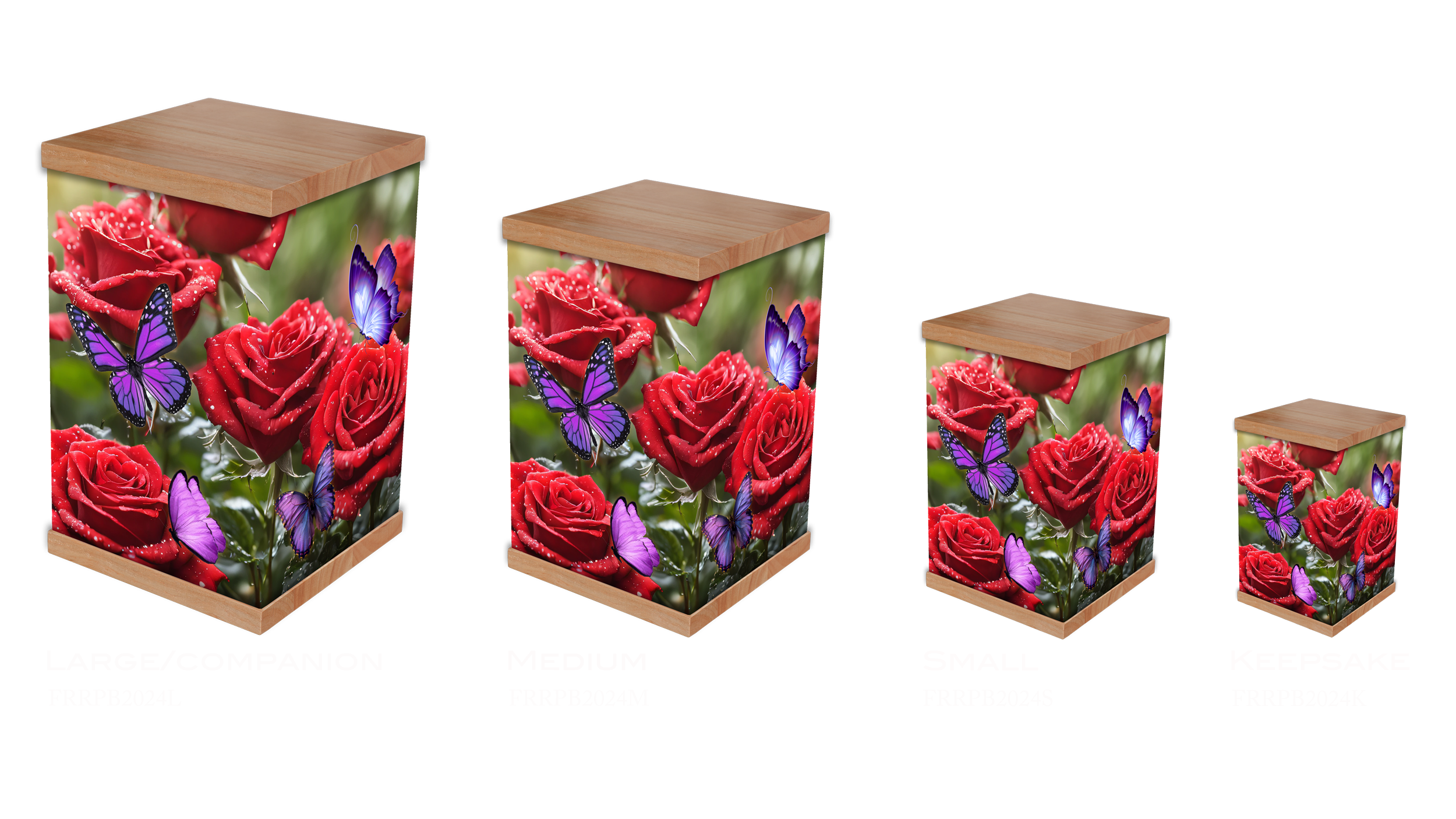Honor your loved one with our Red Roses and Purple Butterflies photo cremation urn. Featuring vibrant red roses bathed in warm morning sunlight and graceful purple butterflies, this design symbolises love and transformation. With a durable timber lid