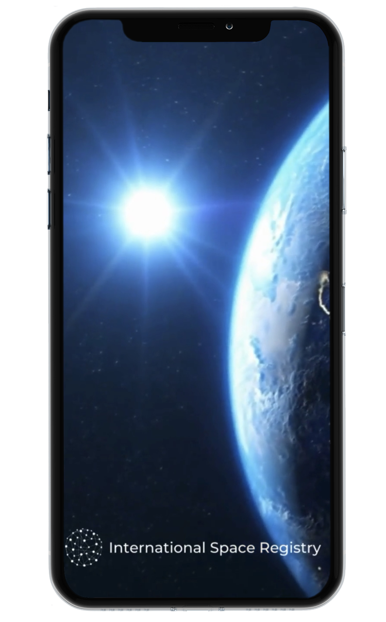 Smartphone displaying an image of Earth from space with the sun shining, and the logo of the International Space Registry at the bottom.