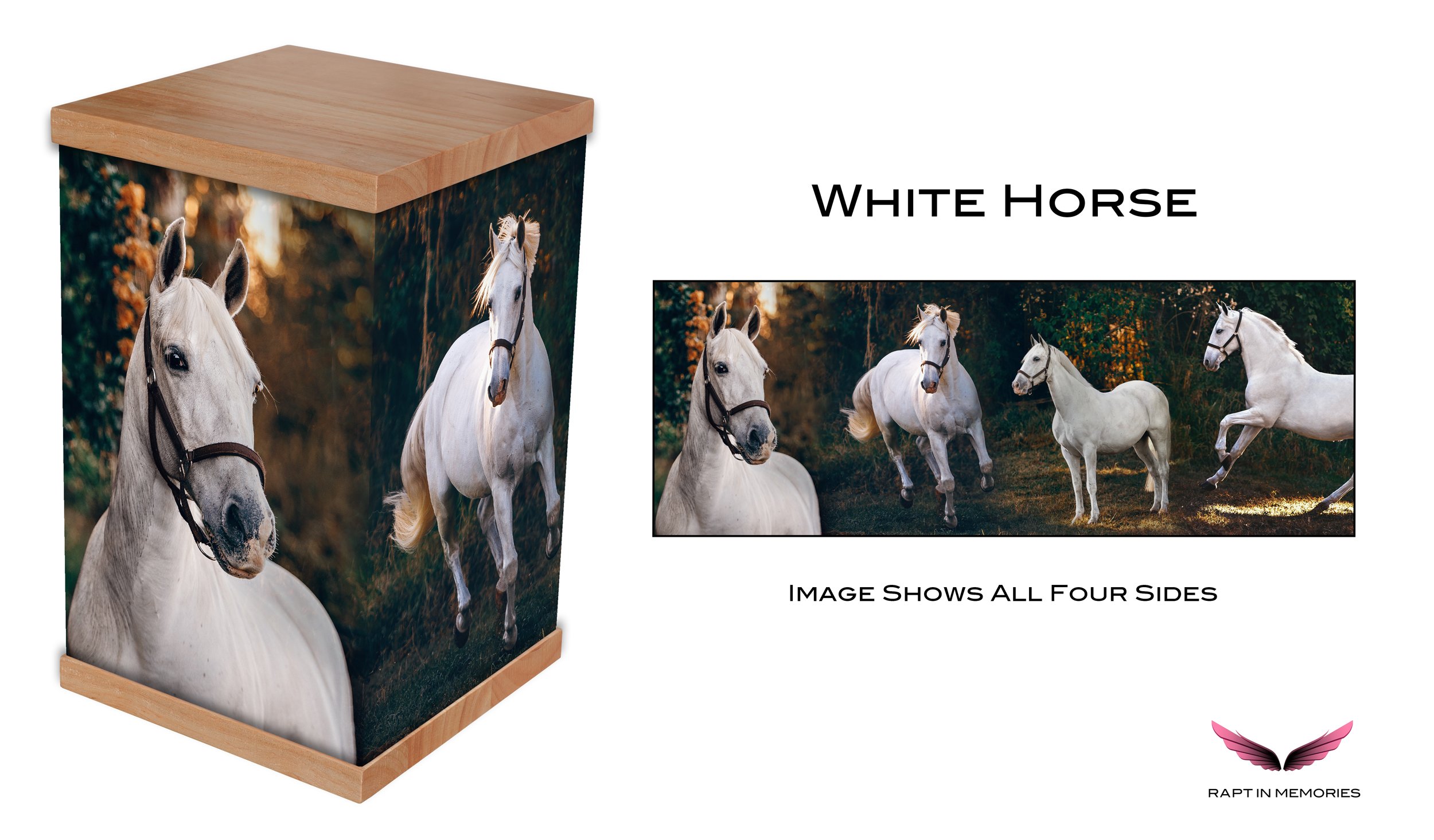 Honor your loved one with a White Horse Cremation Urn featuring a stunning photo-wrapped design of a majestic white horse at sunset. Crafted with a natural timber lid and base, this urn symbolises strength, freedom, and serenity. Perfect for those wh