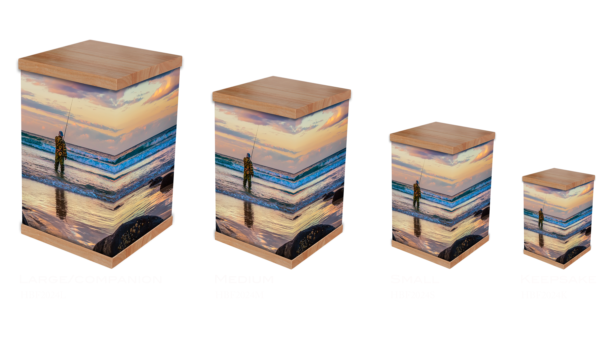 Our Beach Fishing cremation urn captures the essence of coastal life with a stunning design featuring vibrant sunset colours reflecting over serene waters. This urn symbolises cherished memories of fishing adventures and the beauty of nature, offerin