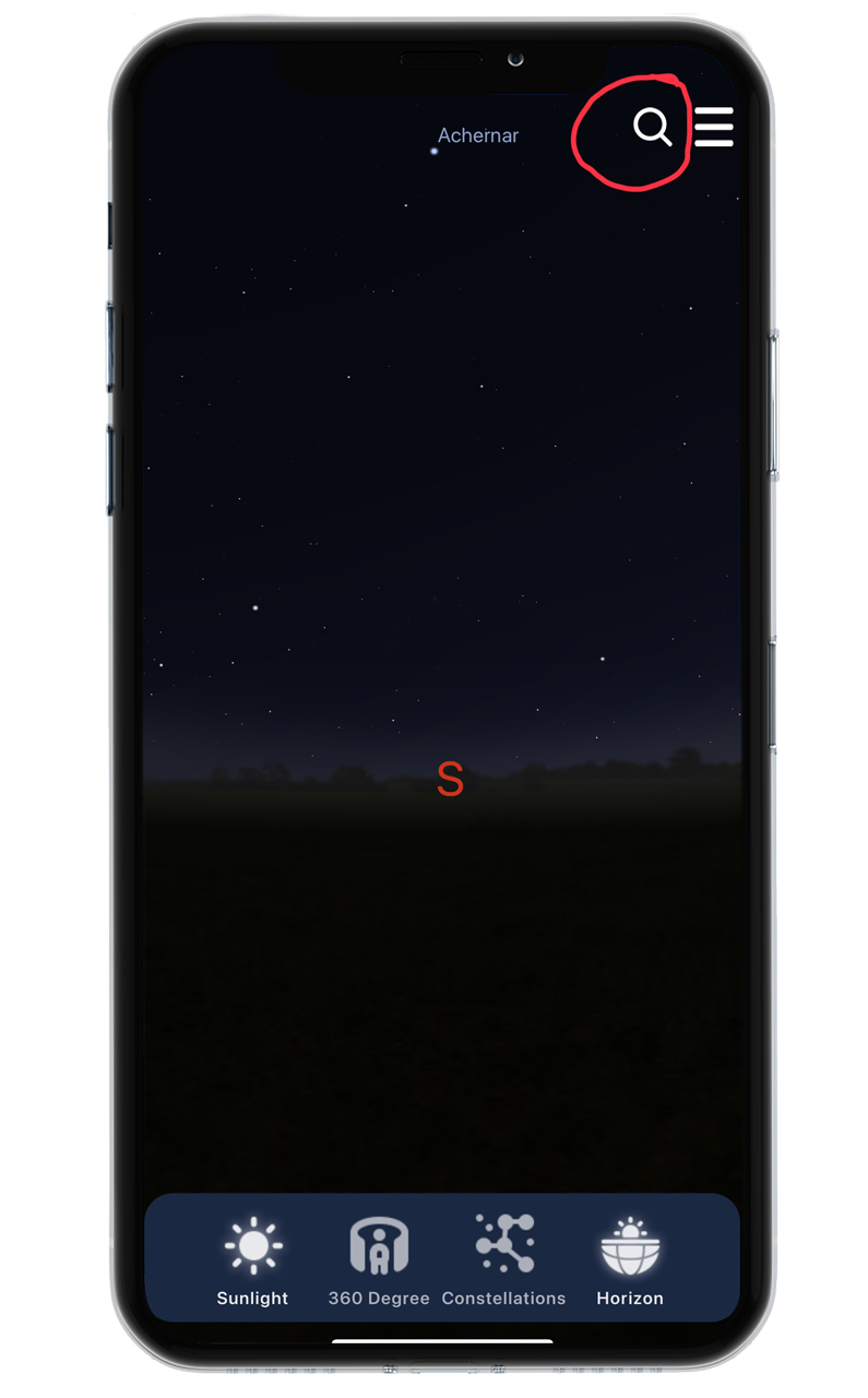 Smartphone screen displaying a night sky with stars, with the word "Achernar" at the top, a red letter "S" in the center, and icons at the bottom for sunlight, 360-degree view, constellations, and horizon.