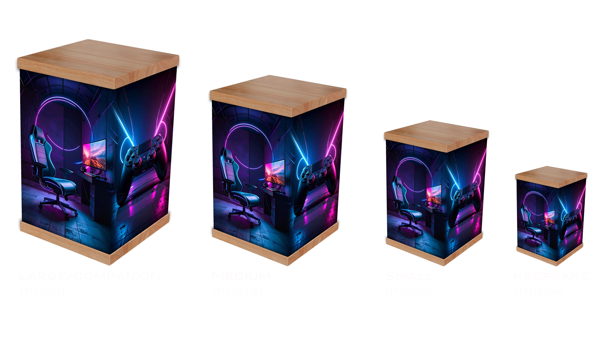 Our Gamer Cremation Urn is a bold and vibrant tribute for any gaming enthusiast. Featuring neon-lit artwork of gaming chairs, controllers, and futuristic characters, and finished with a natural timber lid and base, it’s a striking way to celebrate a 