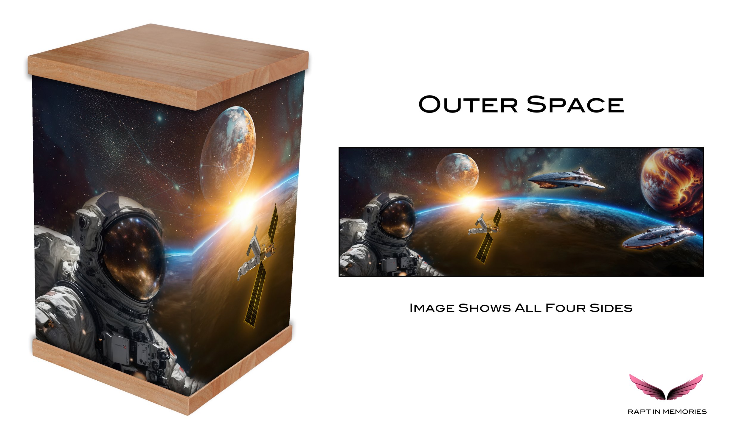 Discover our outer space-themed cremation urn, inspired by the beauty and mystery of the cosmos. This urn features a detailed, photo-wrapped design of swirling galaxies, twinkling stars, and nebulae, creating a stunning tribute to those who had a pas
