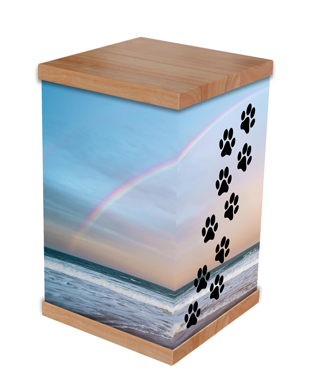 Our Rainbow Bridge pet cremation urn features a heartfelt design with a vibrant rainbow backdrop and the touching Rainbow Bridge poem. This urn serves as a beautiful tribute to your beloved pet, symbolising the love and memories shared. Perfect for h