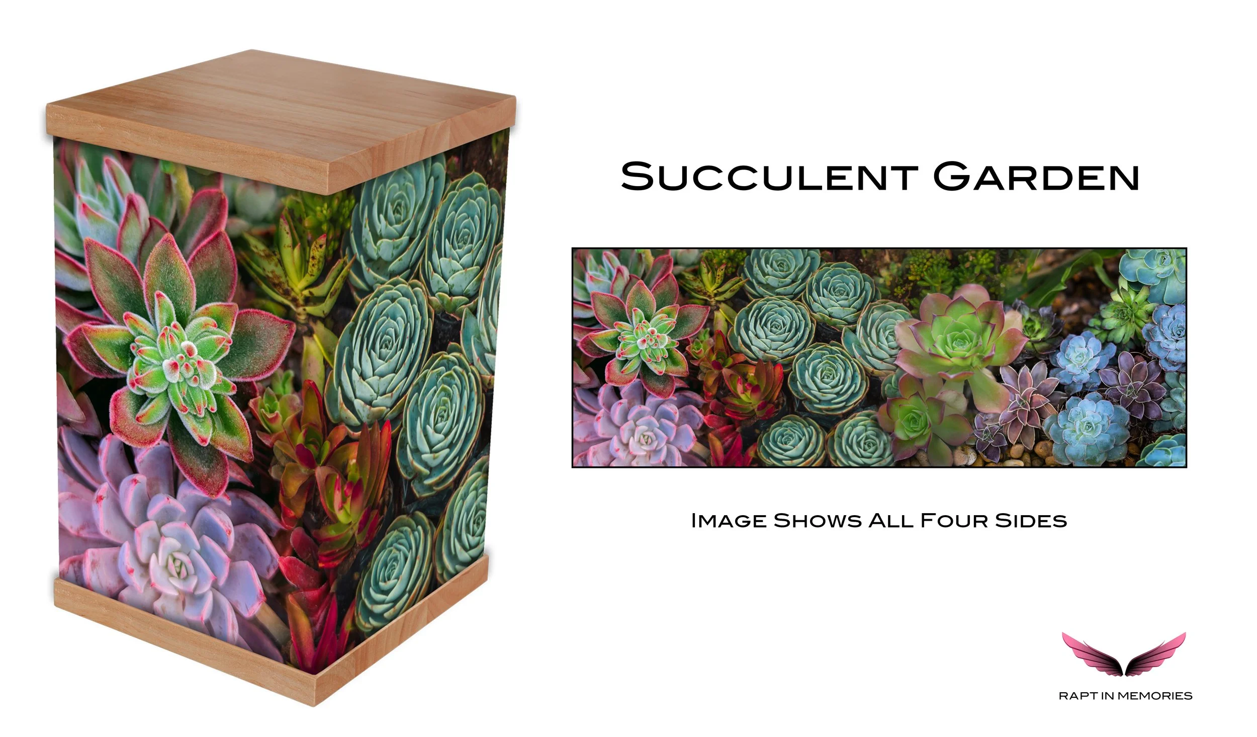 This succulent garden cremation urn features a vibrant photo wrap of colourful succulents, symbolising strength and eternal love. Finished with a natural timber lid and base, it offers a unique, nature-inspired tribute to honor a loved one. Perfect f