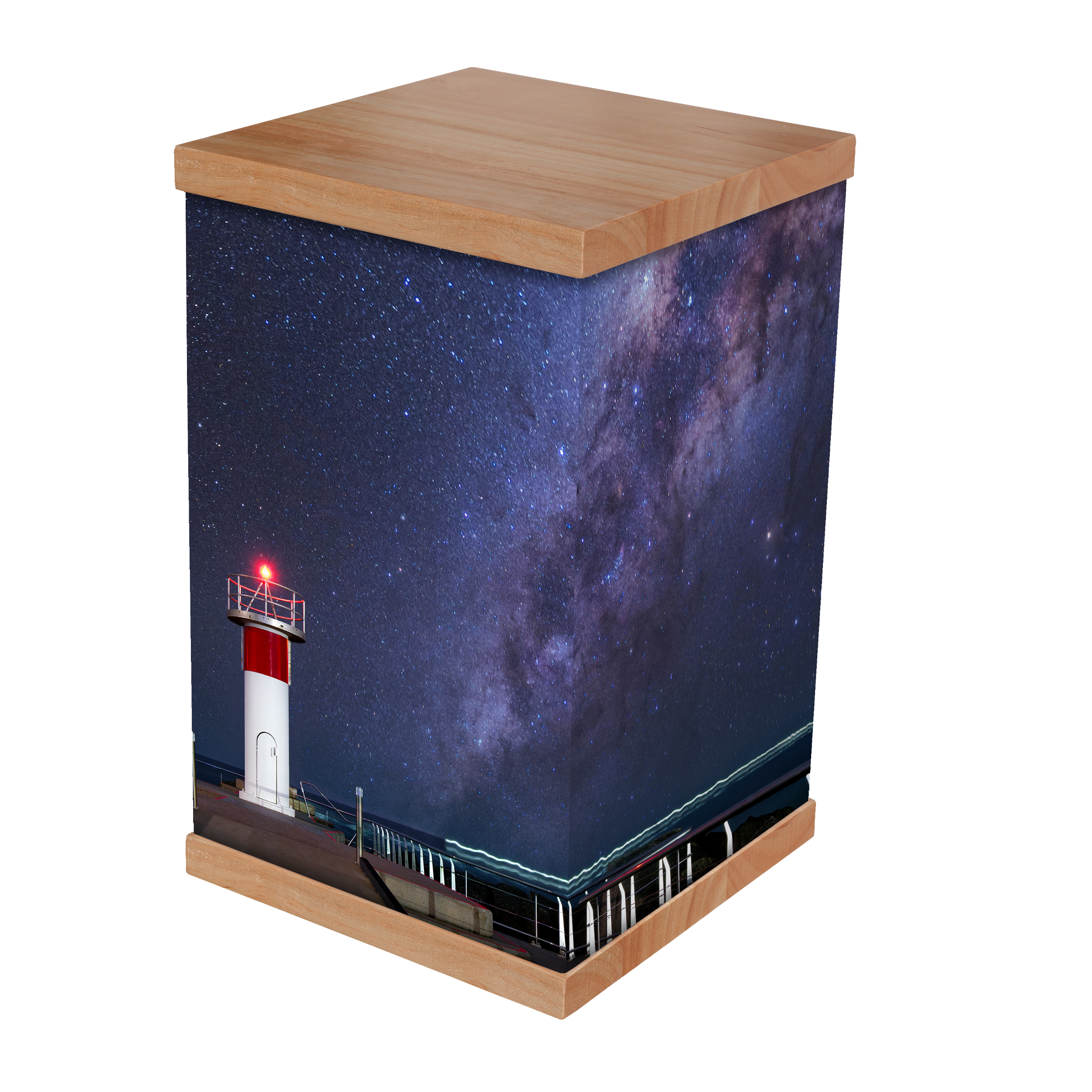 A wooden storage box decorated with a nighttime scene of a lighthouse and starry sky, including the Milky Way galaxy.