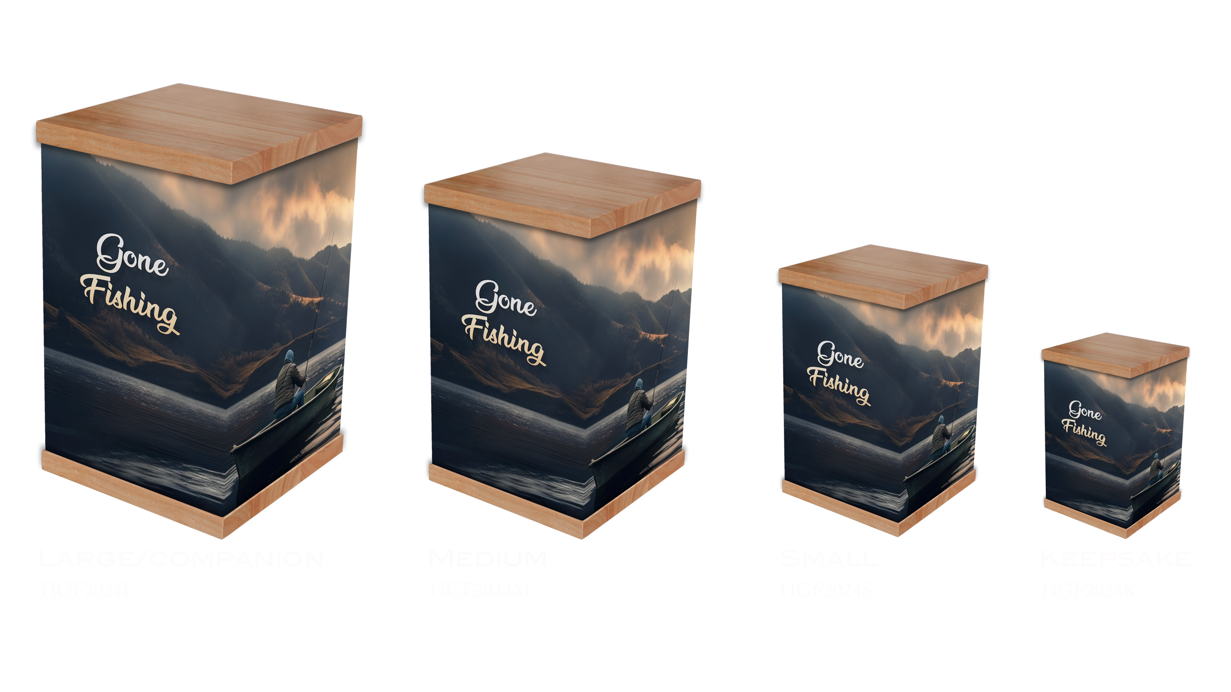 Honor a fishing enthusiast with the Gone Fishing Cremation Urn, featuring a serene image of a man fishing on a lake at sunset. With a timber lid and base, this high-quality photo-wrapped urn is a beautiful tribute to a life spent on the water. A hear
