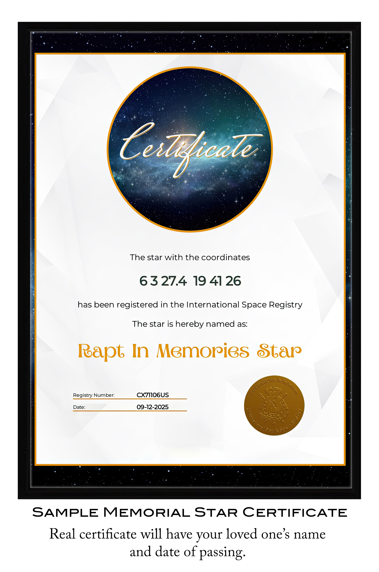 Bespoke Memorial Star Urn with photo personalisation. Includes a registered star in the night sky & framed certificate. Large to keepsake sizes available.
