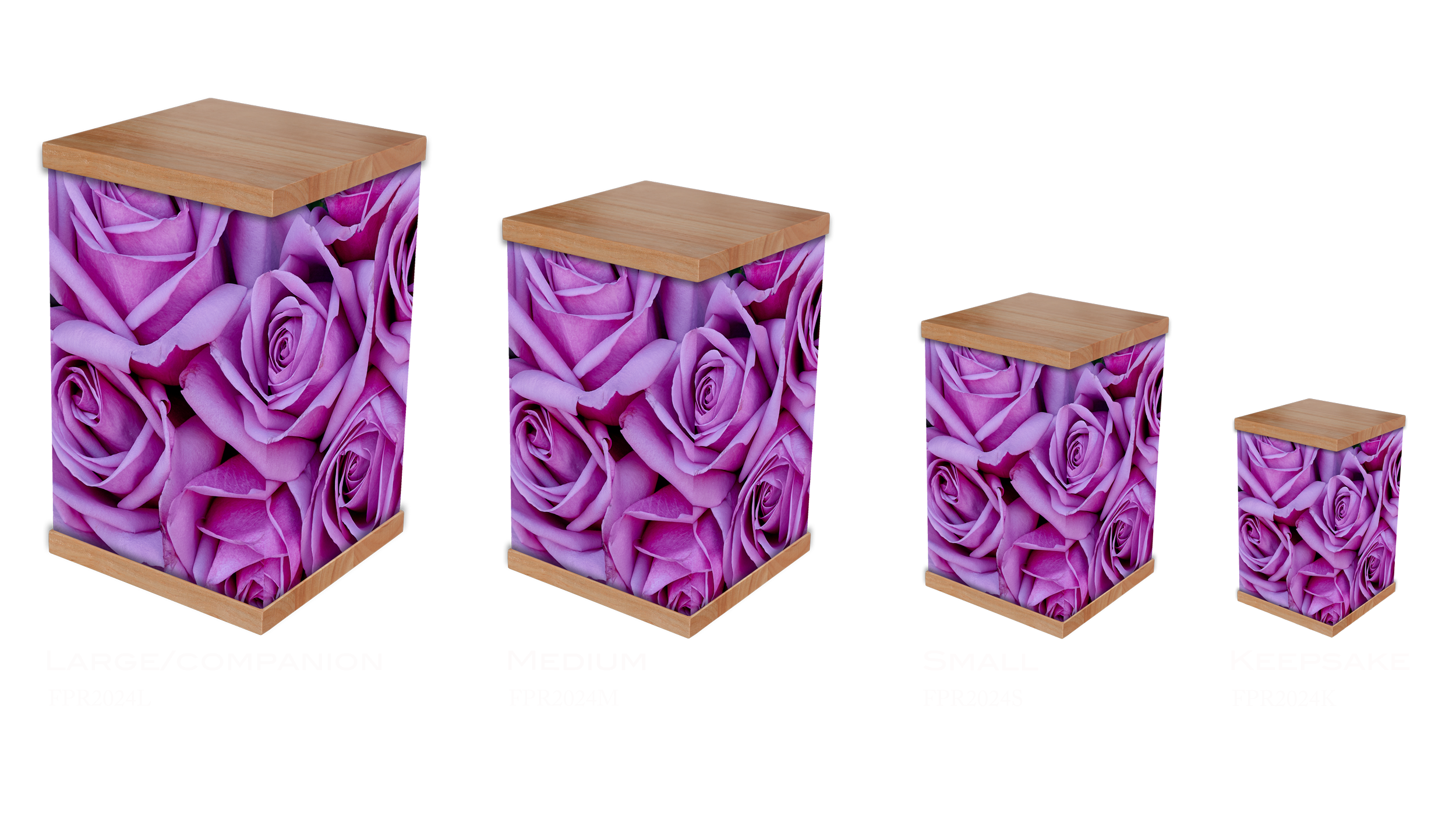 The Purple Rose Cremation Urn features a stunning photo-wrapped design of a vibrant purple rose, symbolising royalty, grace, and beauty. With a natural timber lid and base, this urn combines elegance with craftsmanship. Perfect for those who apprecia