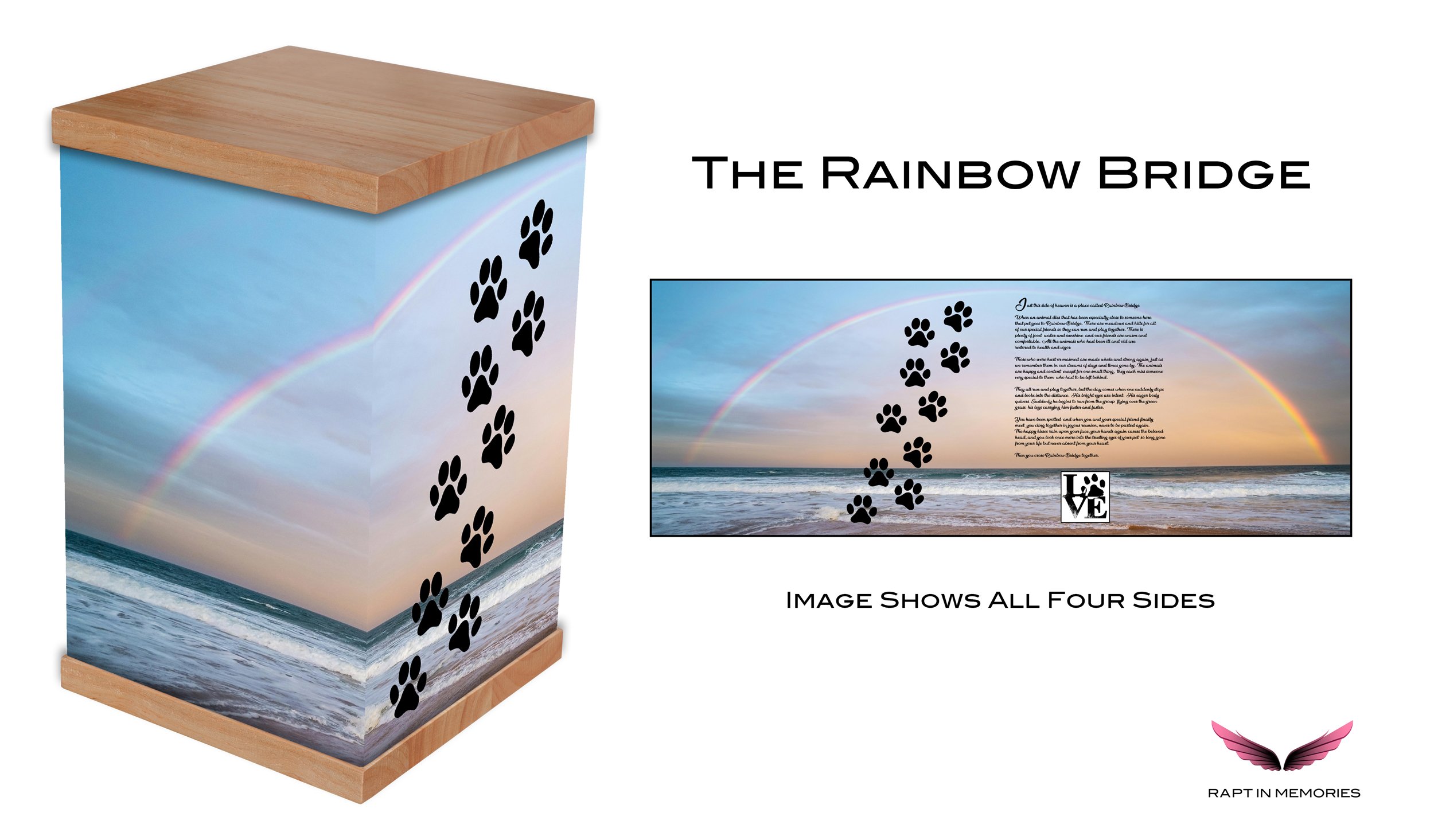 Our Rainbow Bridge pet cremation urn features a heartfelt design with a vibrant rainbow backdrop and the touching Rainbow Bridge poem. This urn serves as a beautiful tribute to your beloved pet, symbolising the love and memories shared. Perfect for h