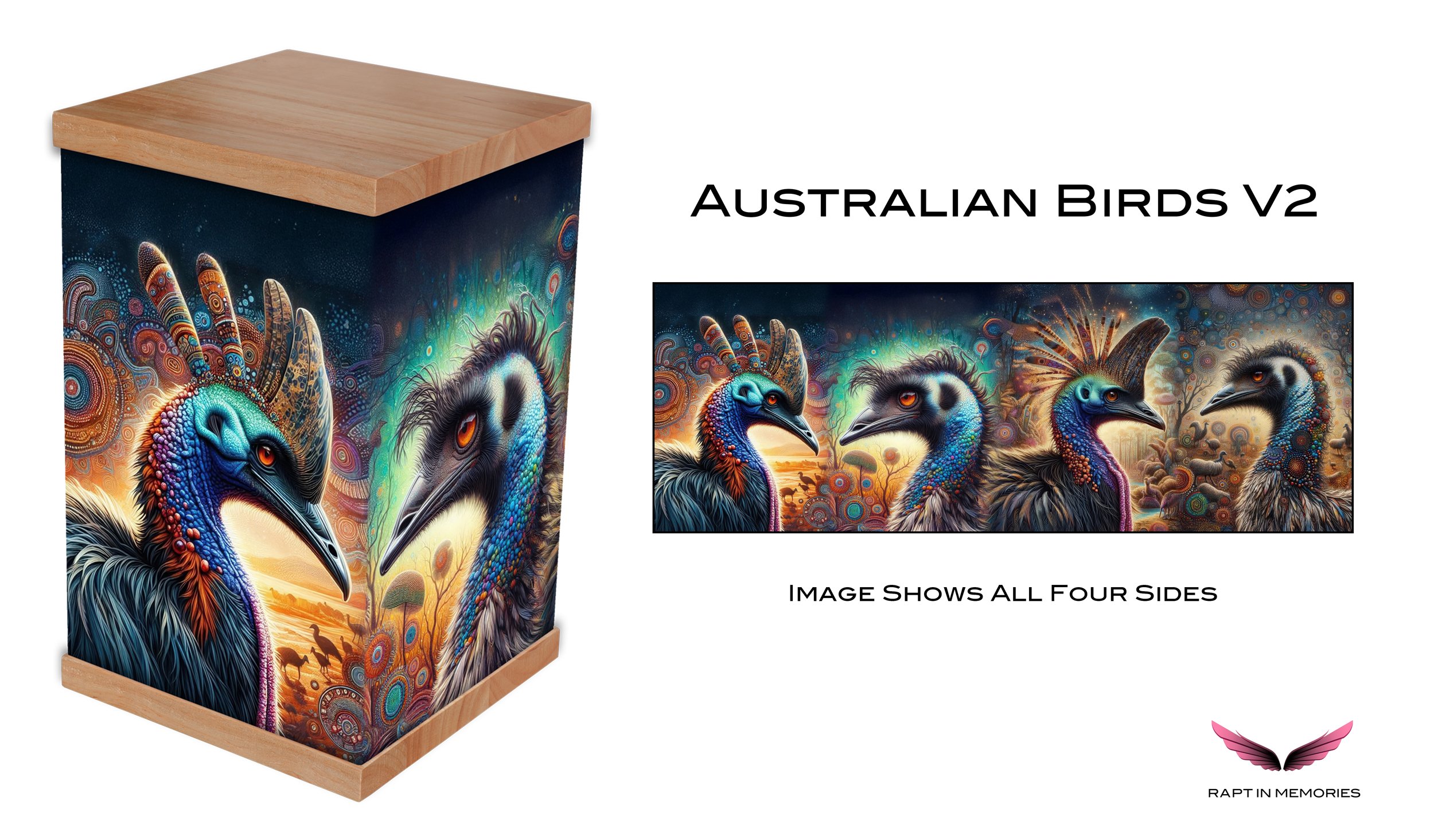 Honor your loved one with the Australian Birds V2 Cremation Urn, featuring stunning artwork of native birds like the cassowary and emu. This photo-wrapped urn with a natural timber lid and base captures the beauty of Australia's wildlife, offering a