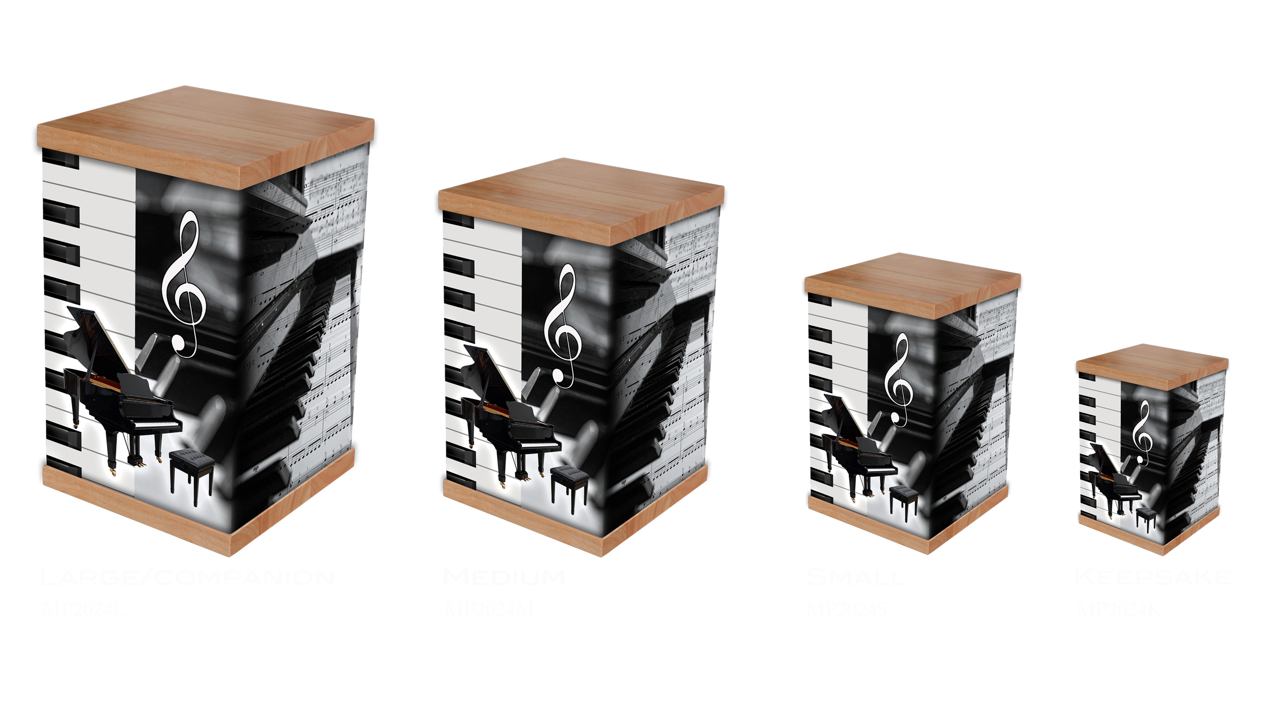 Honor a music lover's memory with this elegant piano cremation urn, featuring a grand piano, treble clef, and sheet music design. With a warm timber lid and base, it’s a beautiful tribute for pianists, composers, and music enthusiasts. A perfect rest