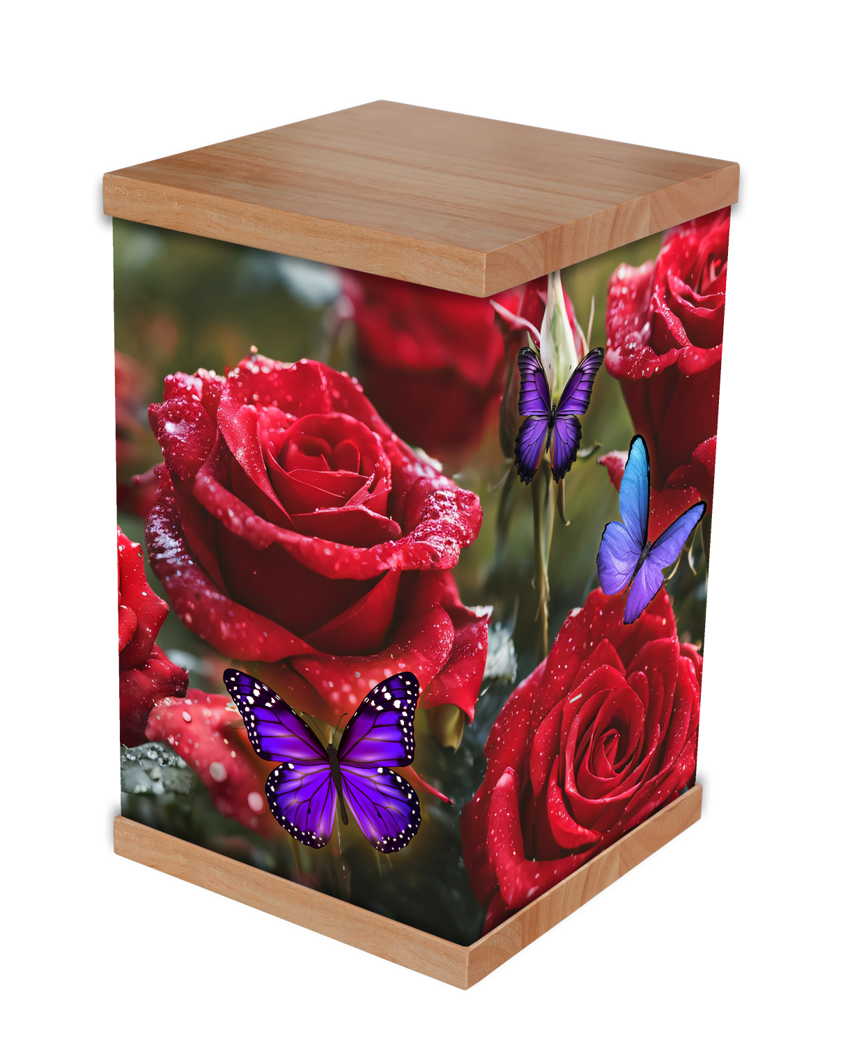 Honor your loved one with our Red Roses and Purple Butterflies photo cremation urn. Featuring vibrant red roses bathed in warm morning sunlight and graceful purple butterflies, this design symbolises love and transformation. With a durable timber lid