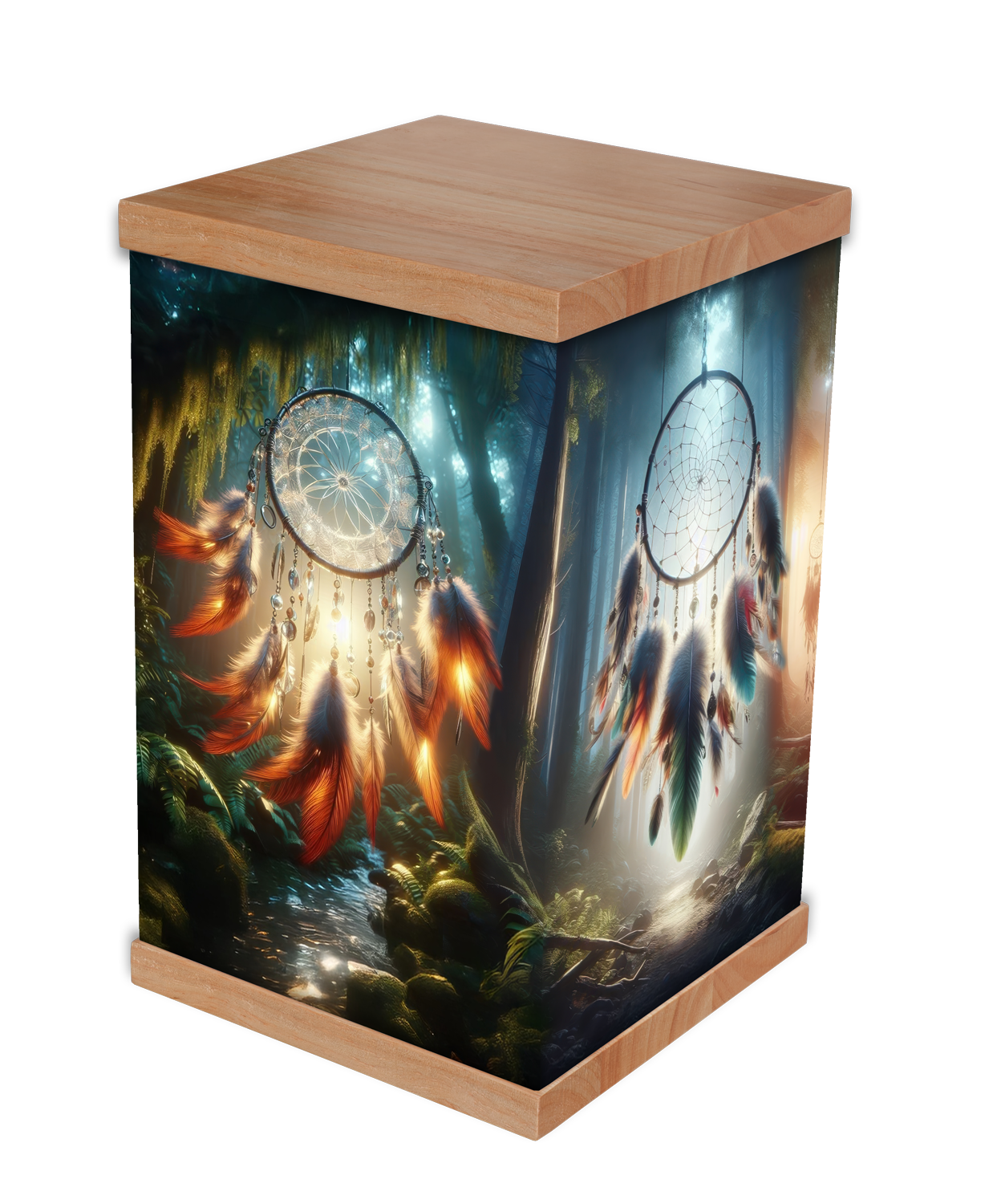 This dream catcher cremation urn features a serene forest scene with detailed dream catchers and vibrant feathers, symbolising protection and peace. Wrapped in stunning photo artwork and finished with a natural timber lid and base, it offers a meanin