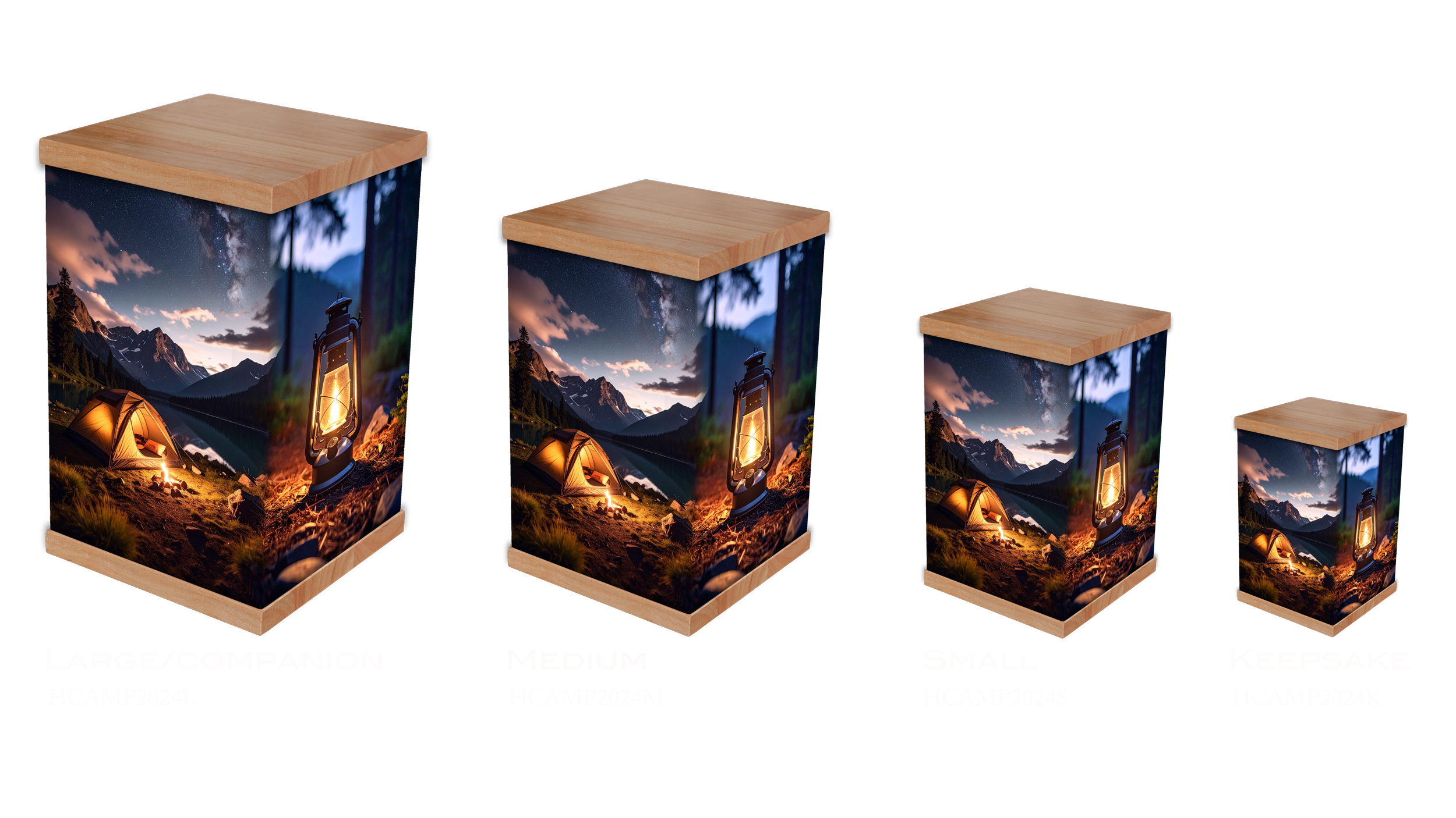 Honor a loved one's adventurous spirit with a camping cremation urn featuring serene outdoor imagery, including a glowing tent, campfire, and forest scenes. Crafted with a durable timber lid and base, this urn beautifully captures the freedom of natu