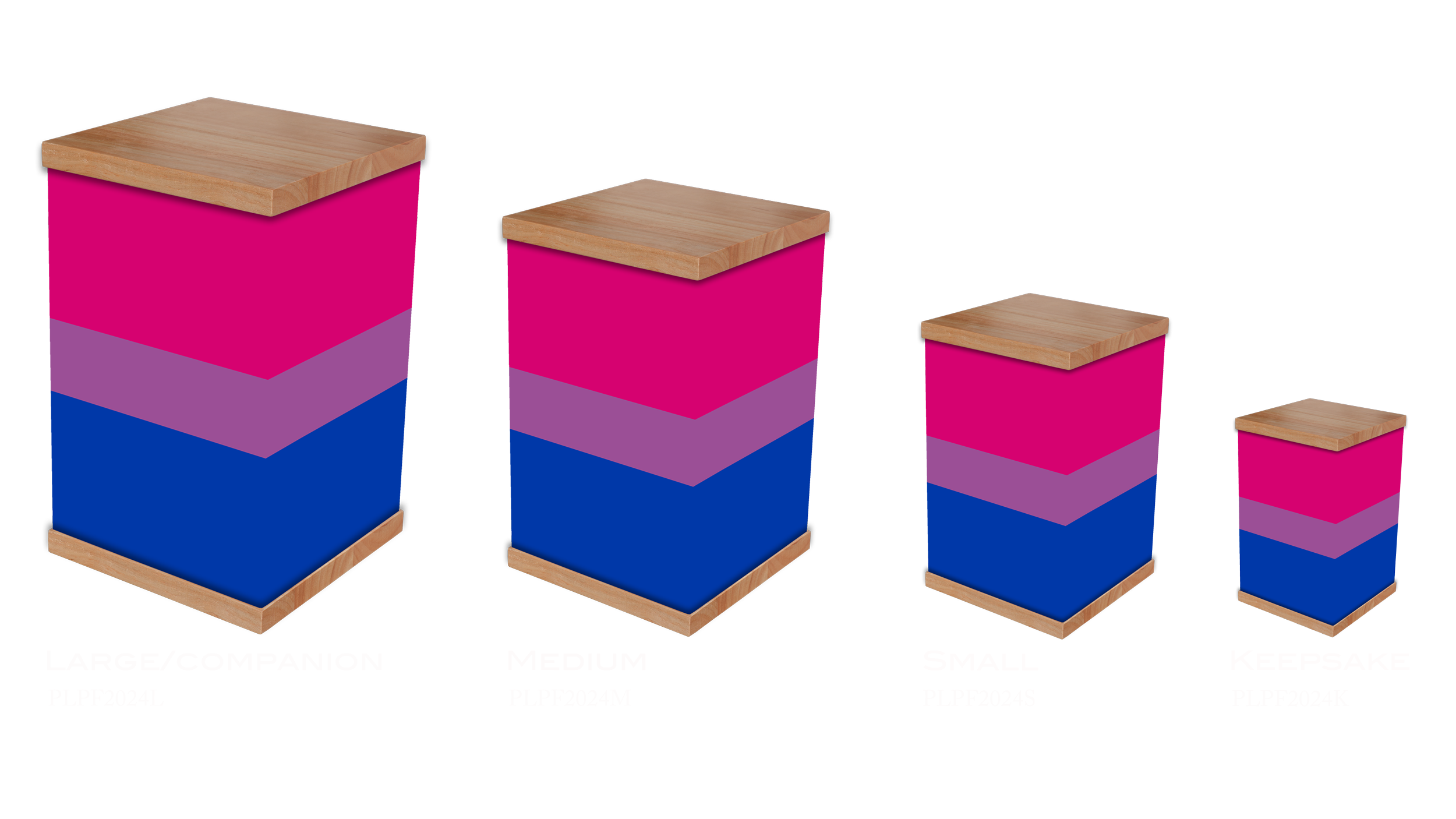 The Bisexual Pride Flag cremation urn, wrapped in the vibrant bisexual pride flag. Featuring pink for same-sex attraction, blue for opposite-sex attraction, and lavender for unity, this urn celebrates identity and inclusivity. With a sturdy timber li