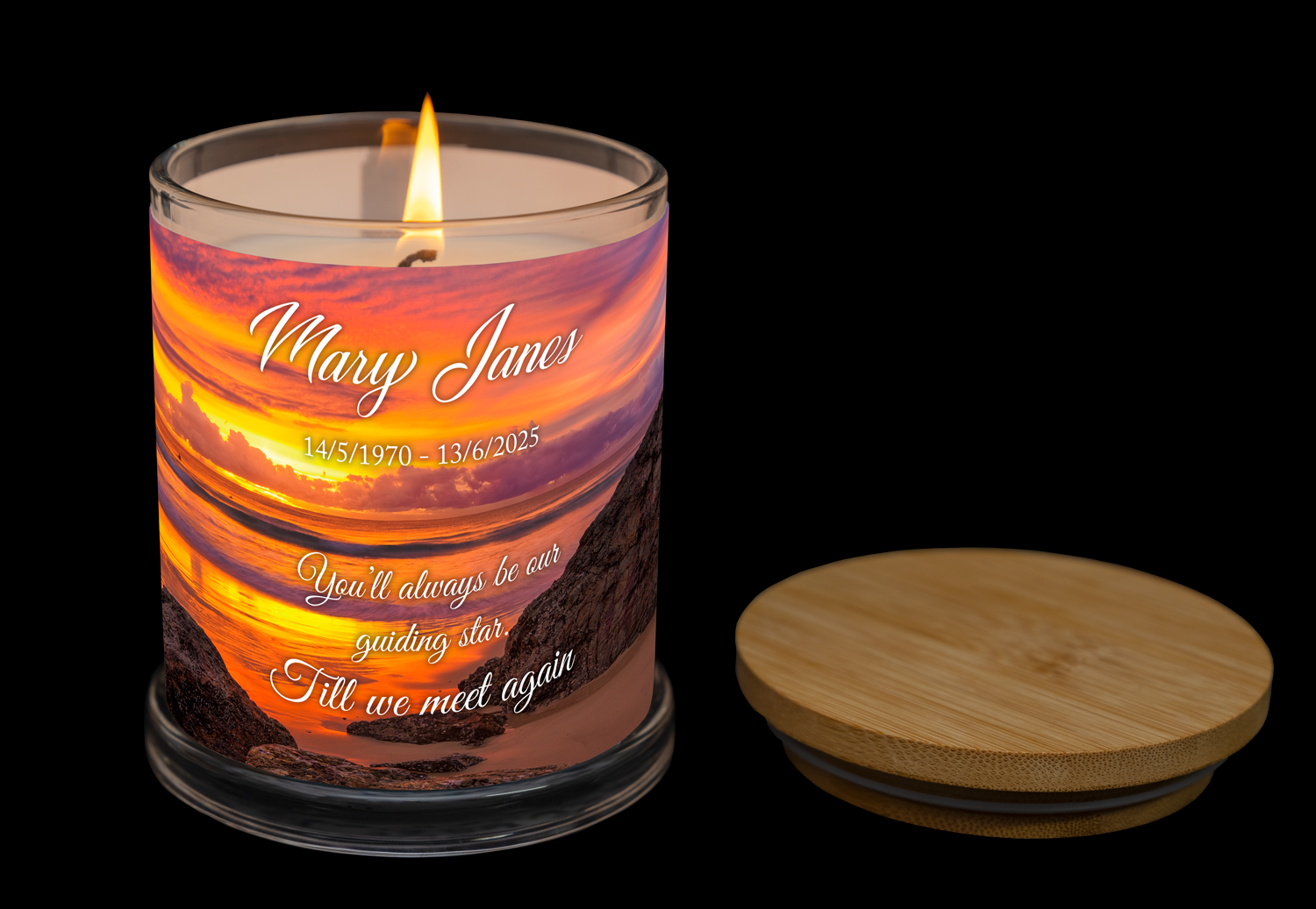 Shop bespoke Personalised Photo Wrapped Candles. A unique keepsake tribute for anniversaries with custom photos and names. Create your photo candle today.