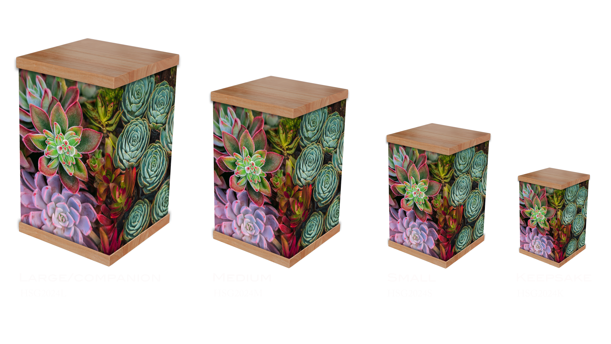 This succulent garden cremation urn features a vibrant photo wrap of colourful succulents, symbolising strength and eternal love. Finished with a natural timber lid and base, it offers a unique, nature-inspired tribute to honor a loved one. Perfect f
