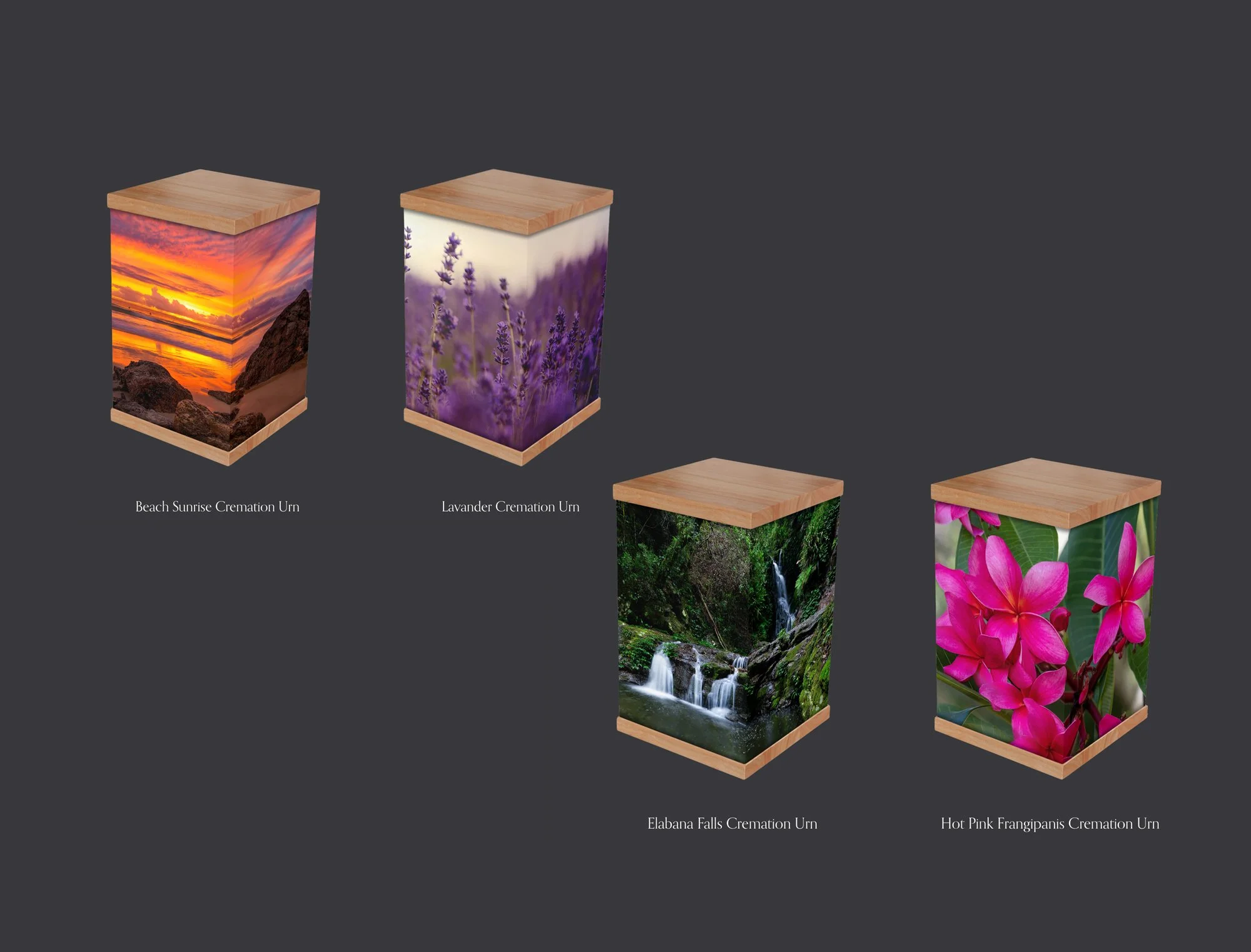 Four cremation urns with nature-themed designs. The first urn features a beach sunrise with rocks and a sunset sky. The second urn shows purple lavender flowers. The third urn displays a forest scene with waterfalls. The fourth urn has pink flowers, likely frangipanis.