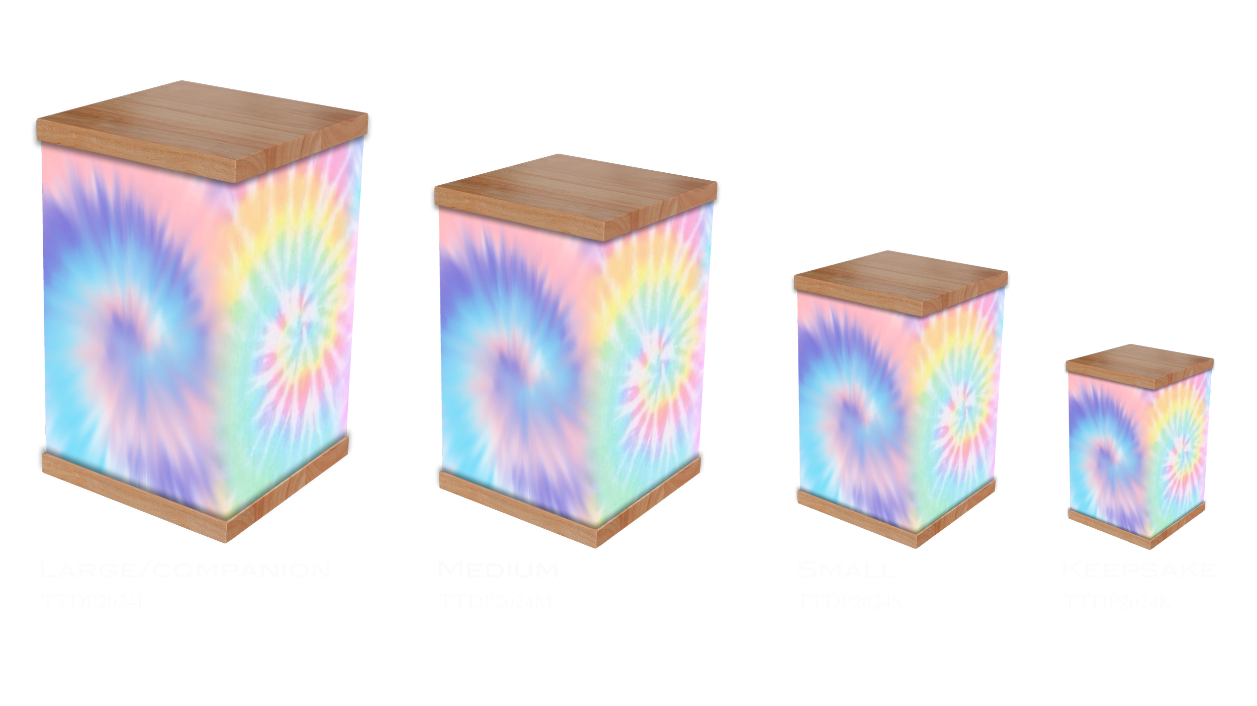 Honor a gentle spirit with a Soft Pastel Colours Tie-Dye Cremation Urn, featuring a serene design of blush pink, lavender, mint green, and baby blue. Wrapped in high-quality materials with a handcrafted timber lid and base, this urn combines elegance
