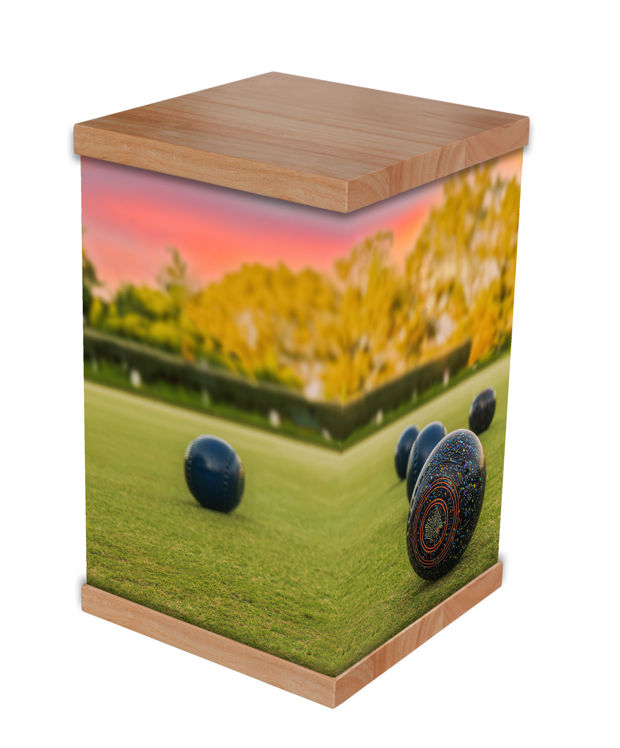 Honor a loved one's passion for lawn bowls with our photo-wrapped cremation urn featuring a tranquil sunset bowling green design. Crafted with a durable timber lid and base, this urn combines elegance and sentiment. Personalise it with names, dates,