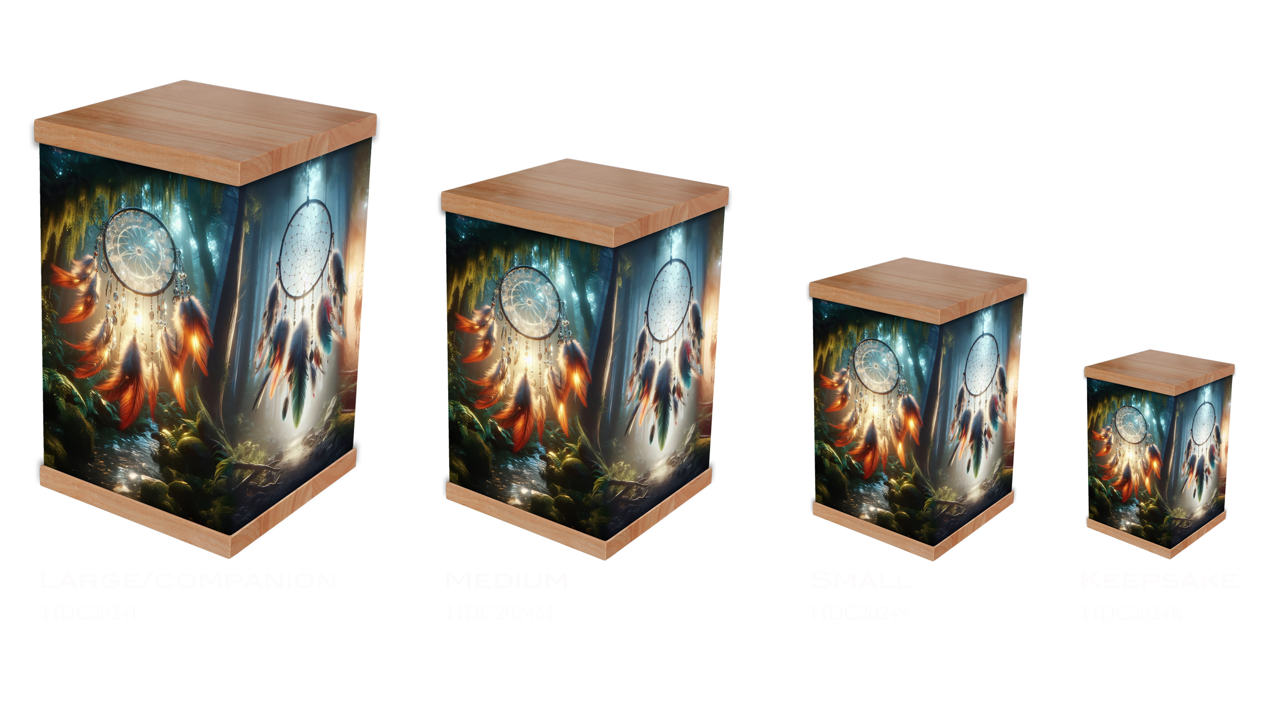 This dream catcher cremation urn features a serene forest scene with detailed dream catchers and vibrant feathers, symbolising protection and peace. Wrapped in stunning photo artwork and finished with a natural timber lid and base, it offers a meanin