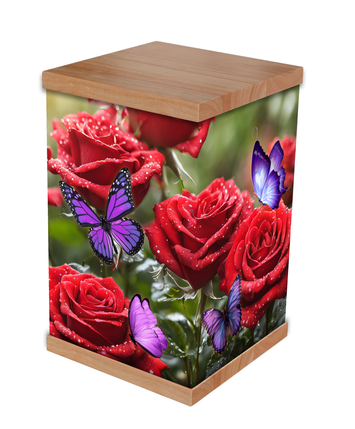 Honor your loved one with our Red Roses and Purple Butterflies photo cremation urn. Featuring vibrant red roses bathed in warm morning sunlight and graceful purple butterflies, this design symbolises love and transformation. With a durable timber lid