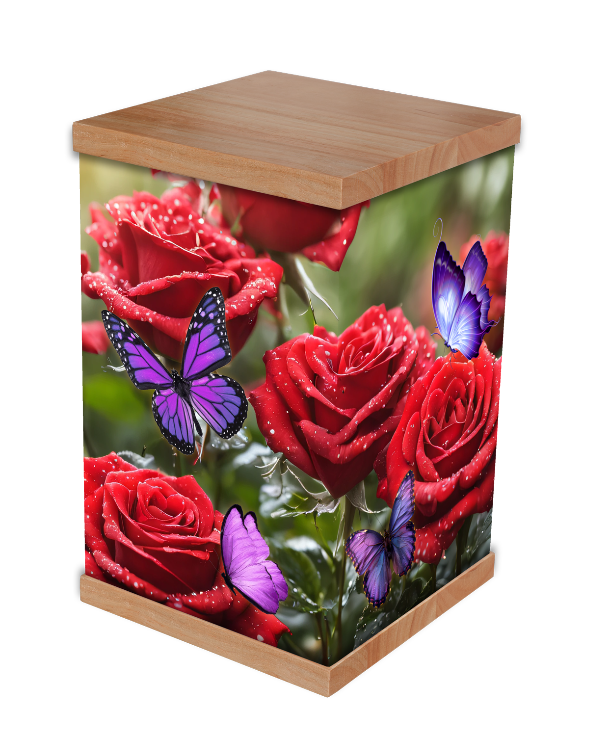 Photo-wrapped cremation urn in Flowers design with solid timber lid and base — Rapt In Memories Australia